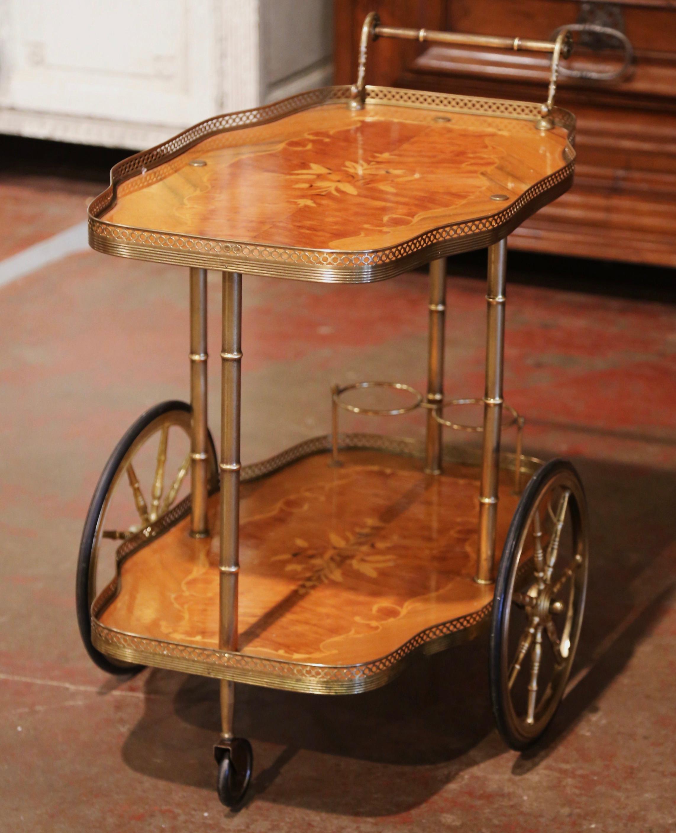 Mid-20th Century French Rosewood and Brass Tea Cart with Marquetry Inlaid Motifs 8