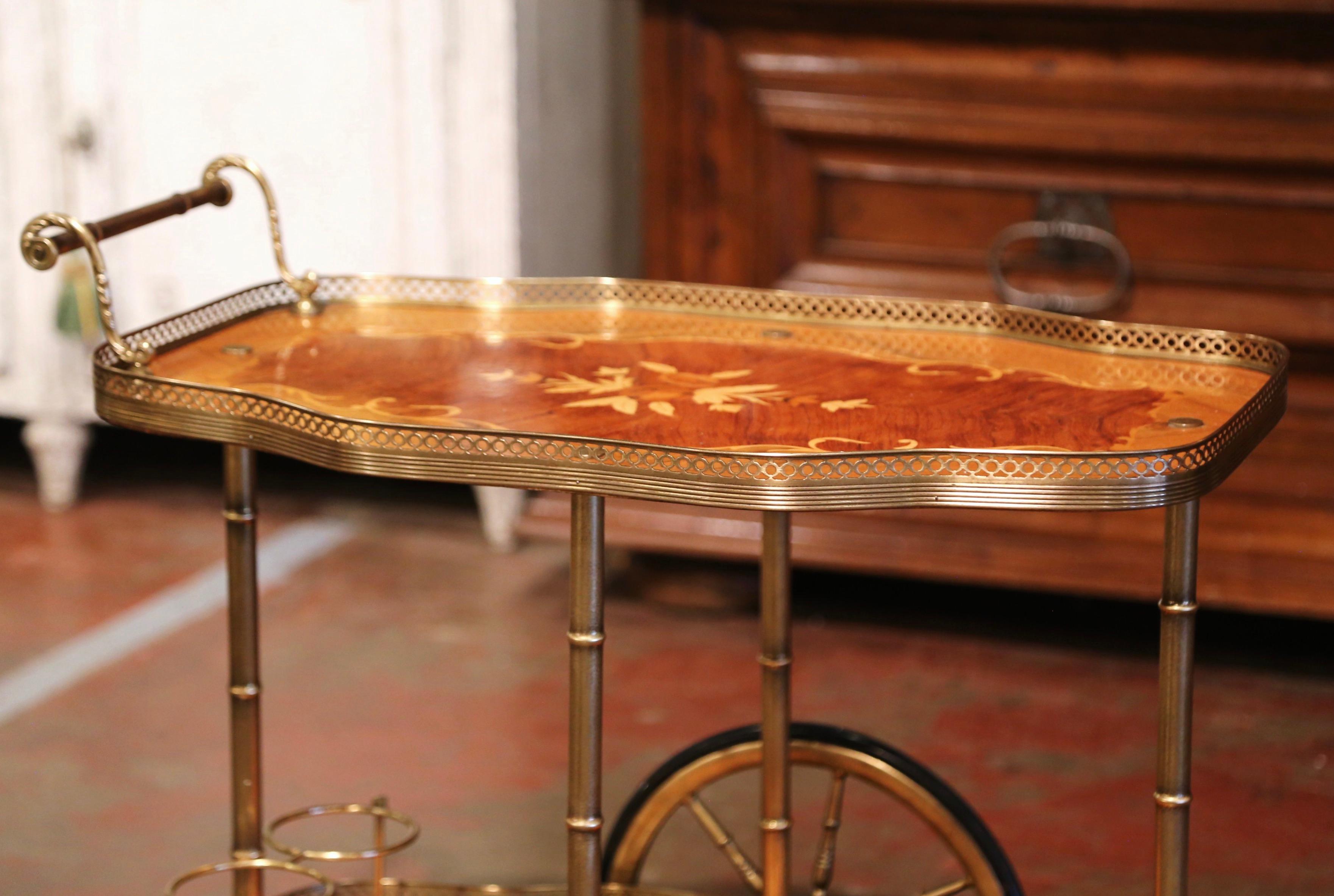 Hand-Crafted Mid-20th Century French Rosewood and Brass Tea Cart with Marquetry Inlaid Motifs