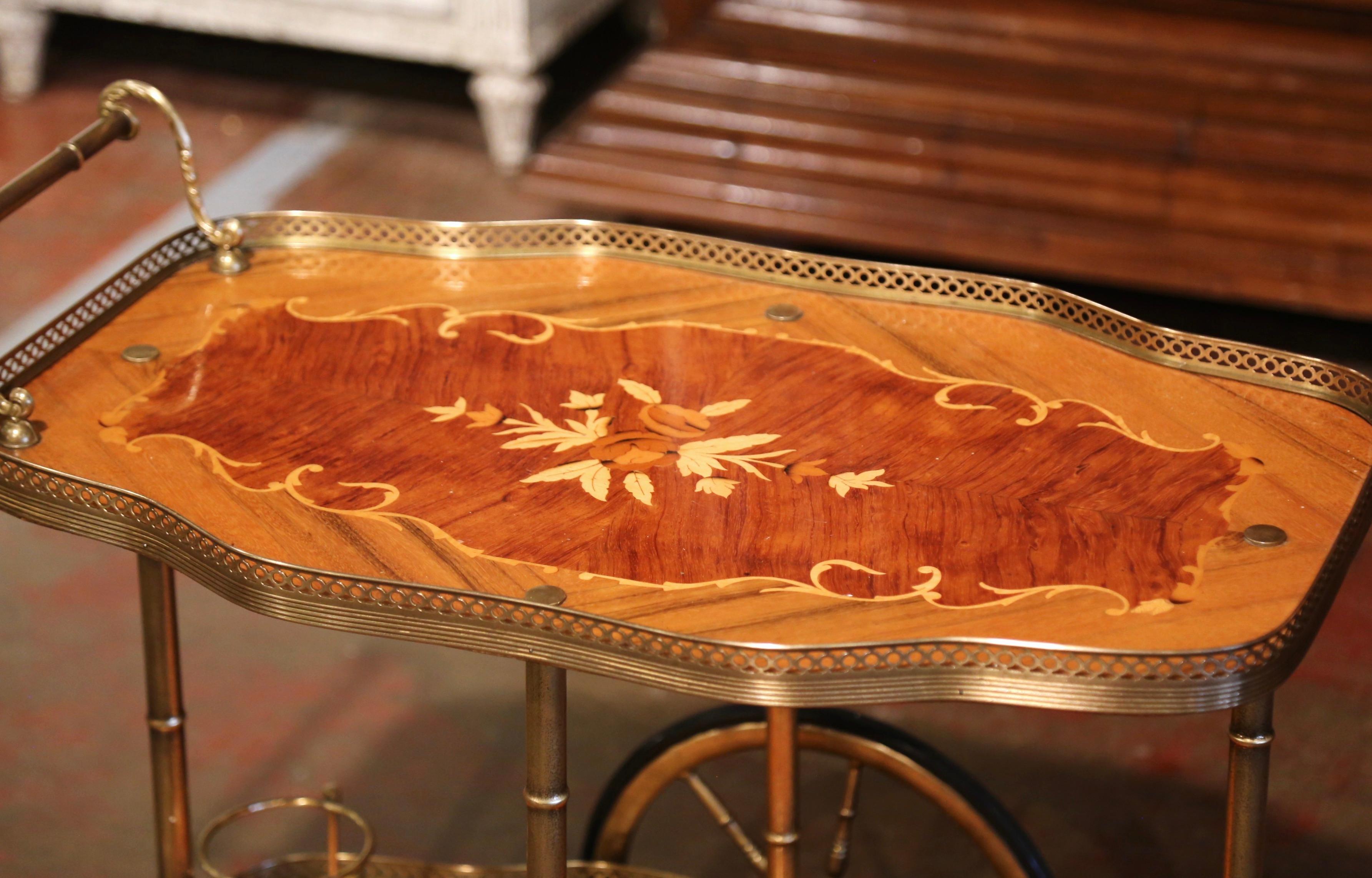 Mid-20th Century French Rosewood and Brass Tea Cart with Marquetry Inlaid Motifs In Excellent Condition In Dallas, TX