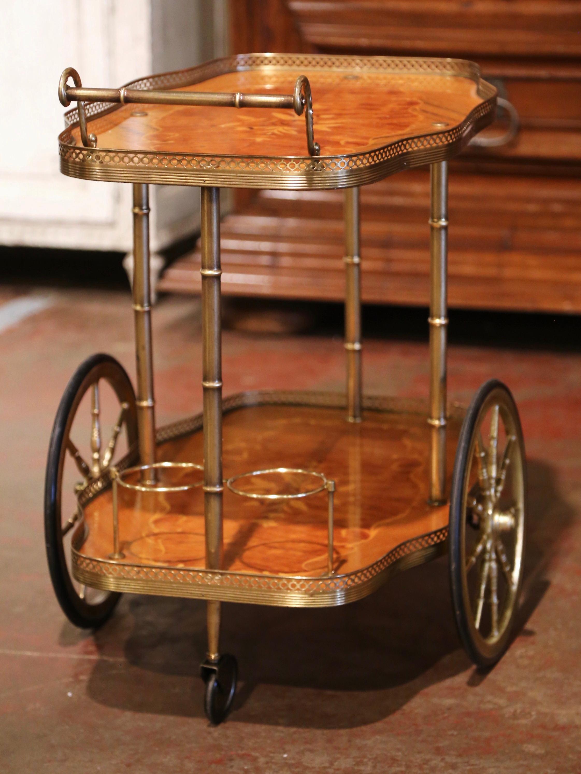 Mid-20th Century French Rosewood and Brass Tea Cart with Marquetry Inlaid Motifs 3