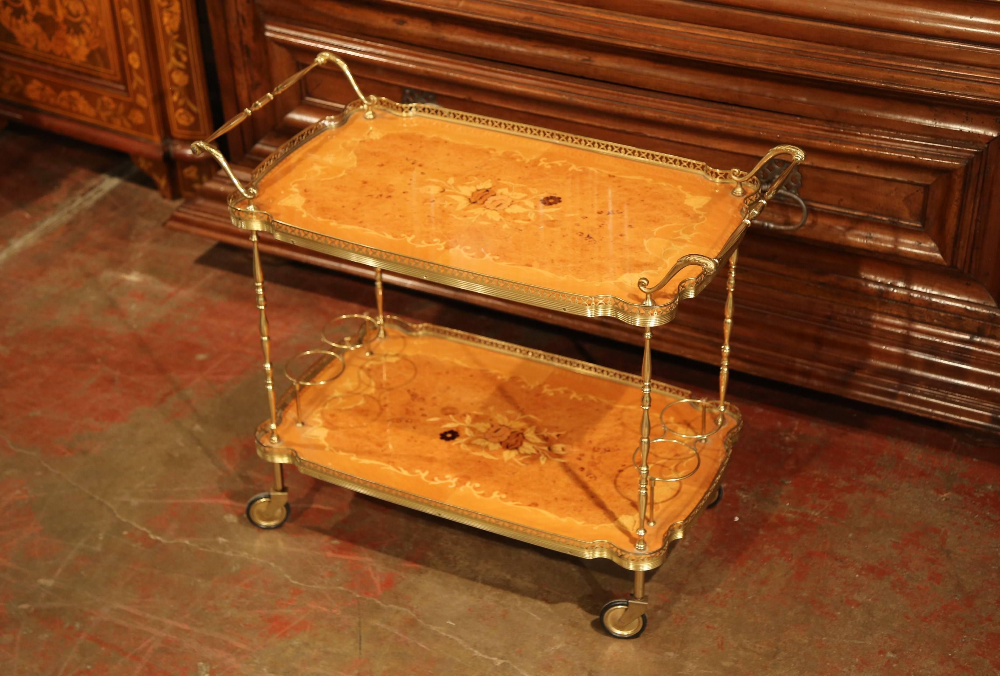 Hand-Crafted Mid-20th Century French Rosewood and Brass Tea Cart with Marquetry Motifs