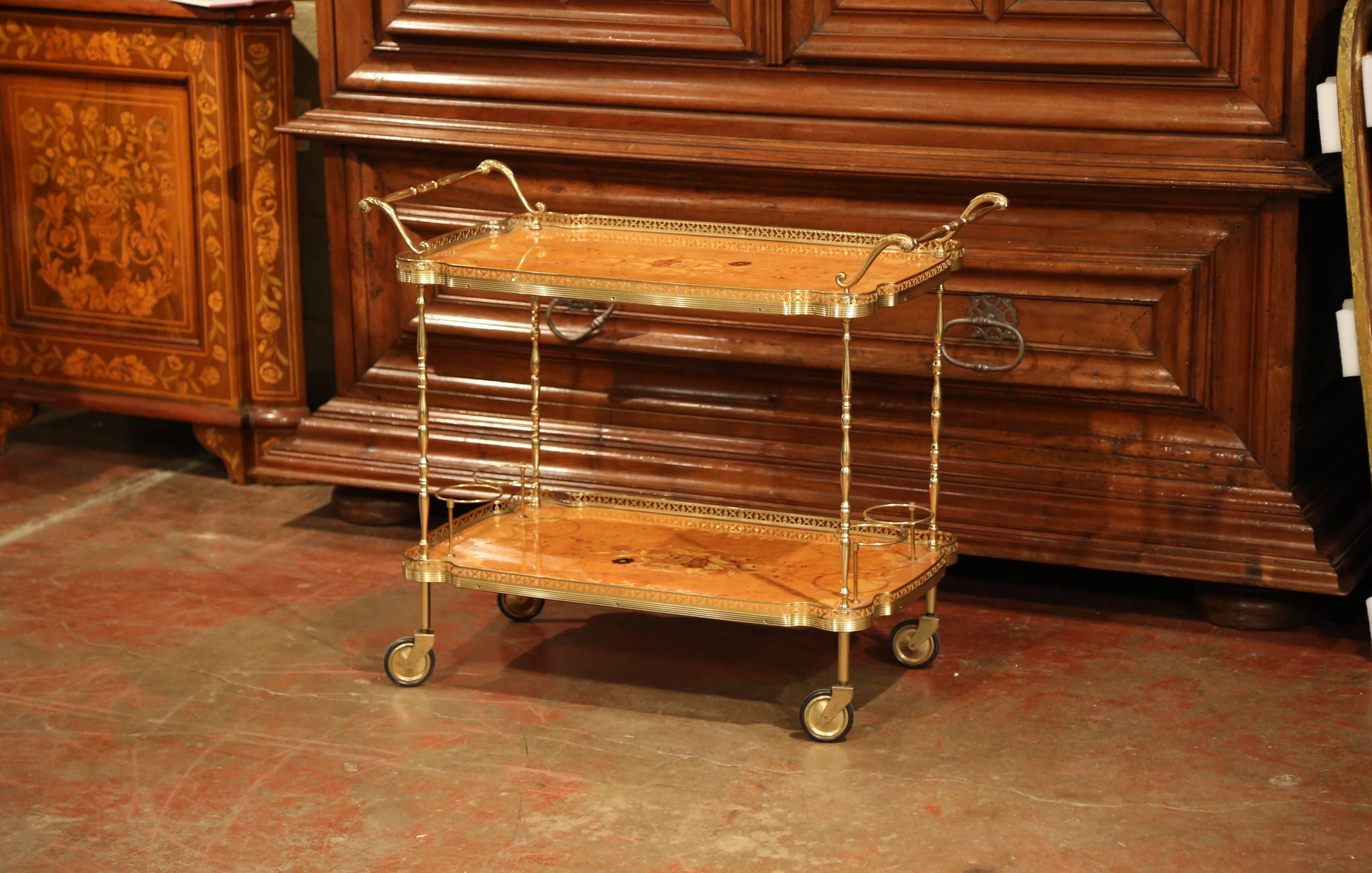 Mid-20th Century French Rosewood and Brass Tea Cart with Marquetry Motifs 1