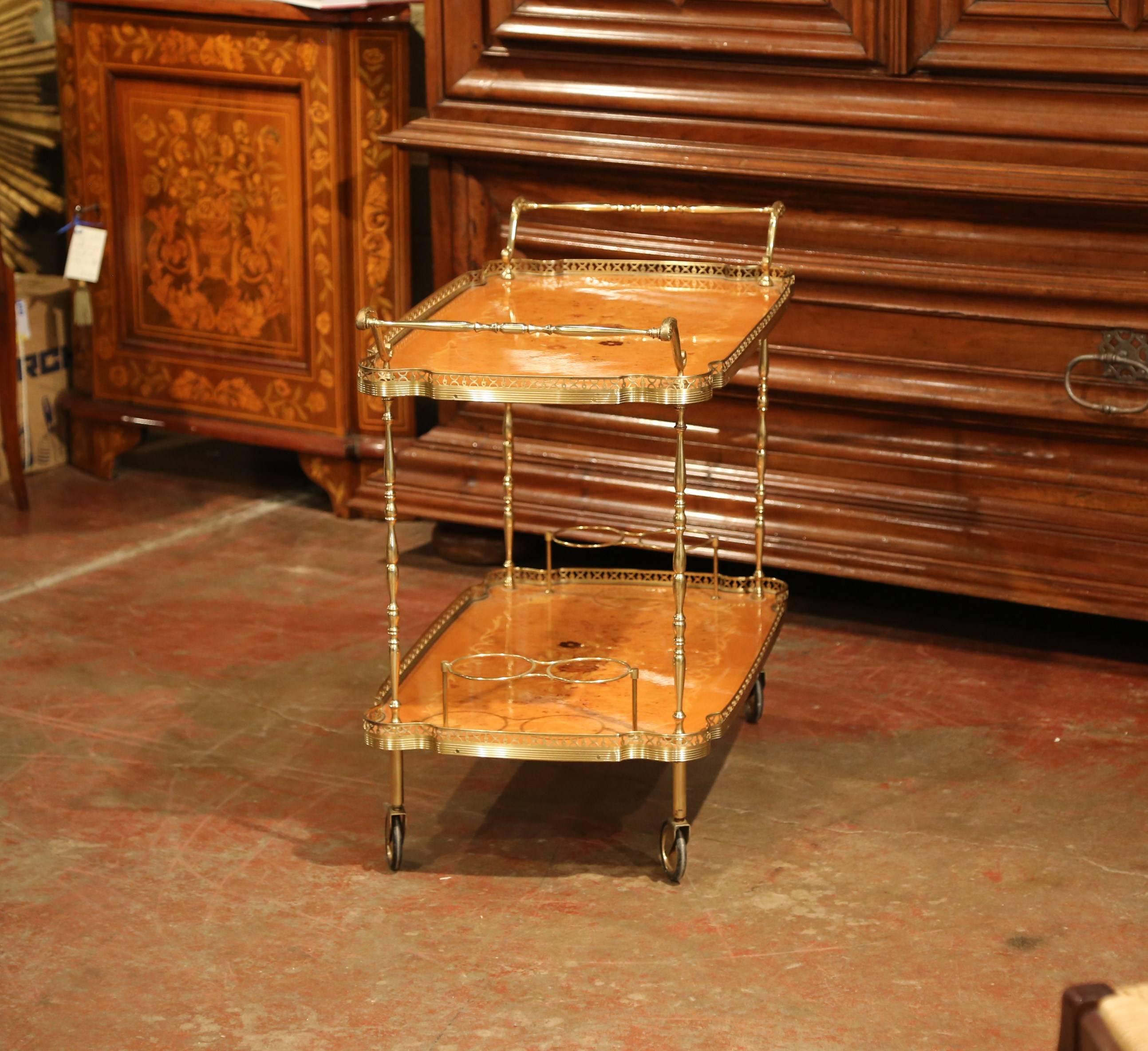 Mid-20th Century French Rosewood and Brass Tea Cart with Marquetry Motifs 4