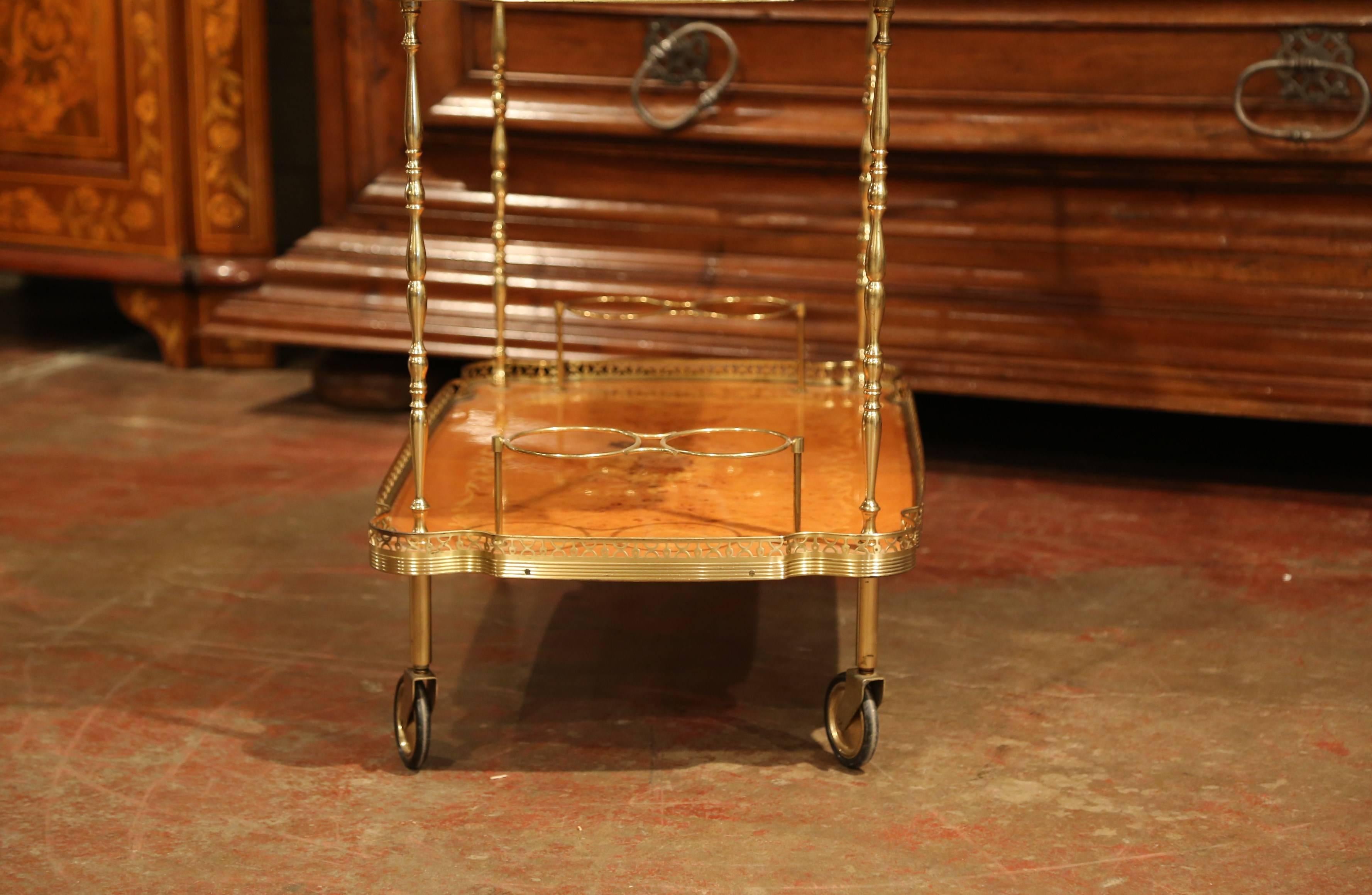 Mid-20th Century French Rosewood and Brass Tea Cart with Marquetry Motifs 5