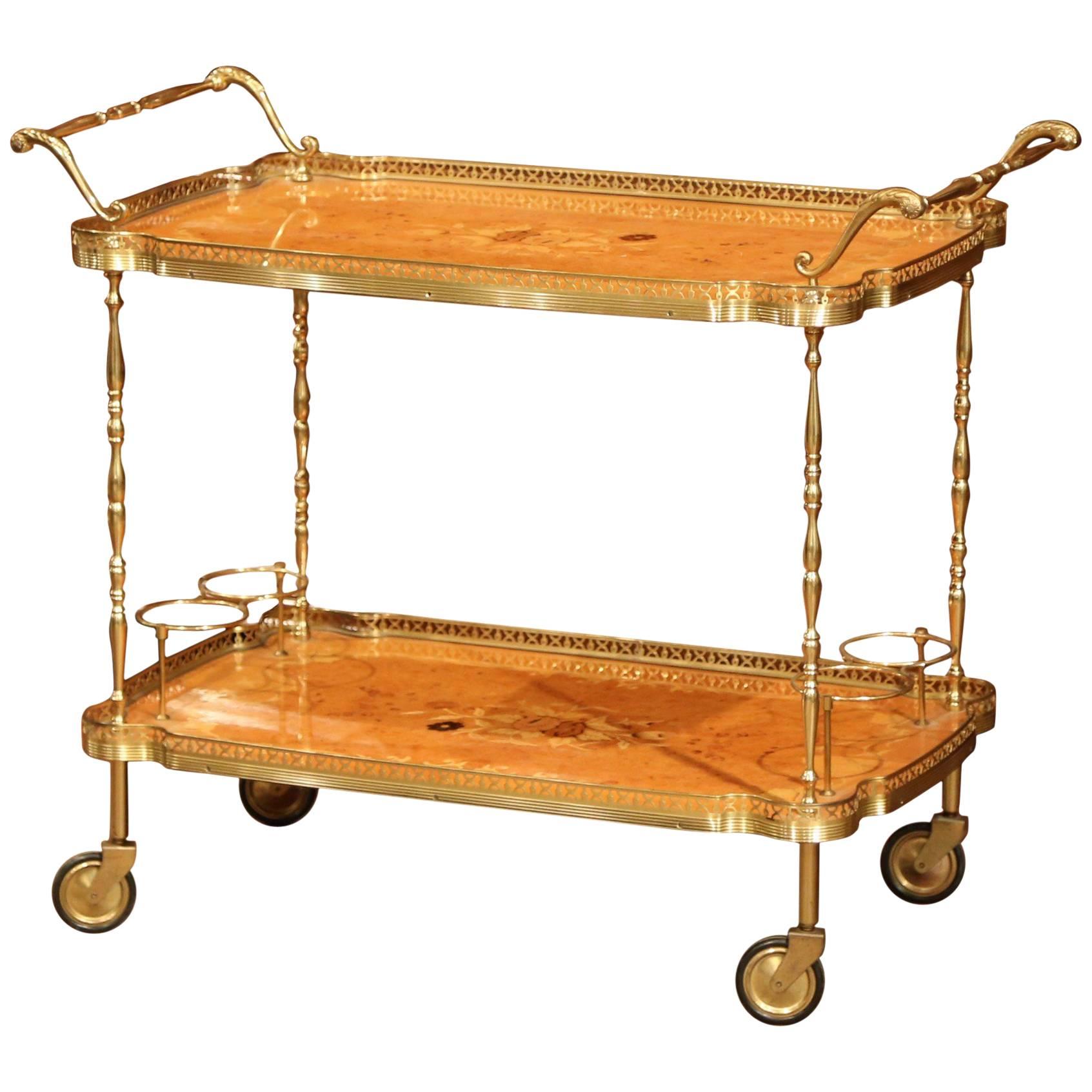 Mid-20th Century French Rosewood and Brass Tea Cart with Marquetry Motifs