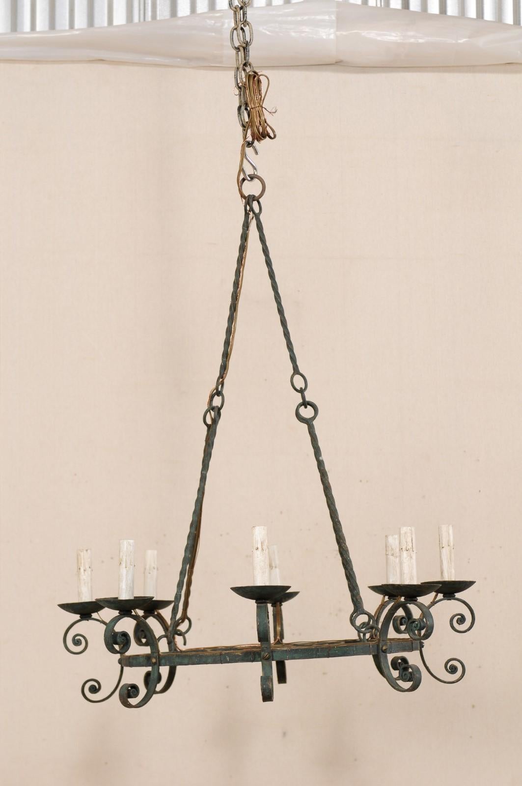 Forged Mid-20th Century French Round Scrolled Iron Chandelier with Lovely Patina