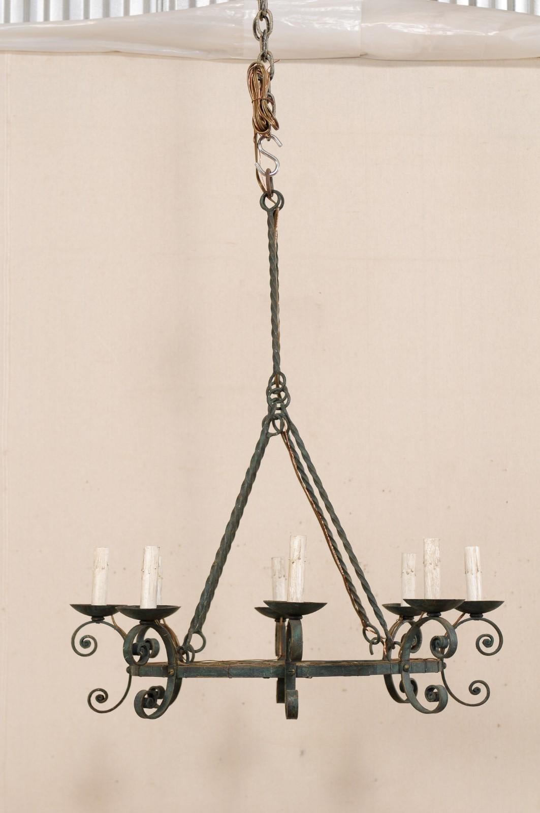 Mid-20th Century French Round Scrolled Iron Chandelier with Lovely Patina In Good Condition In Atlanta, GA