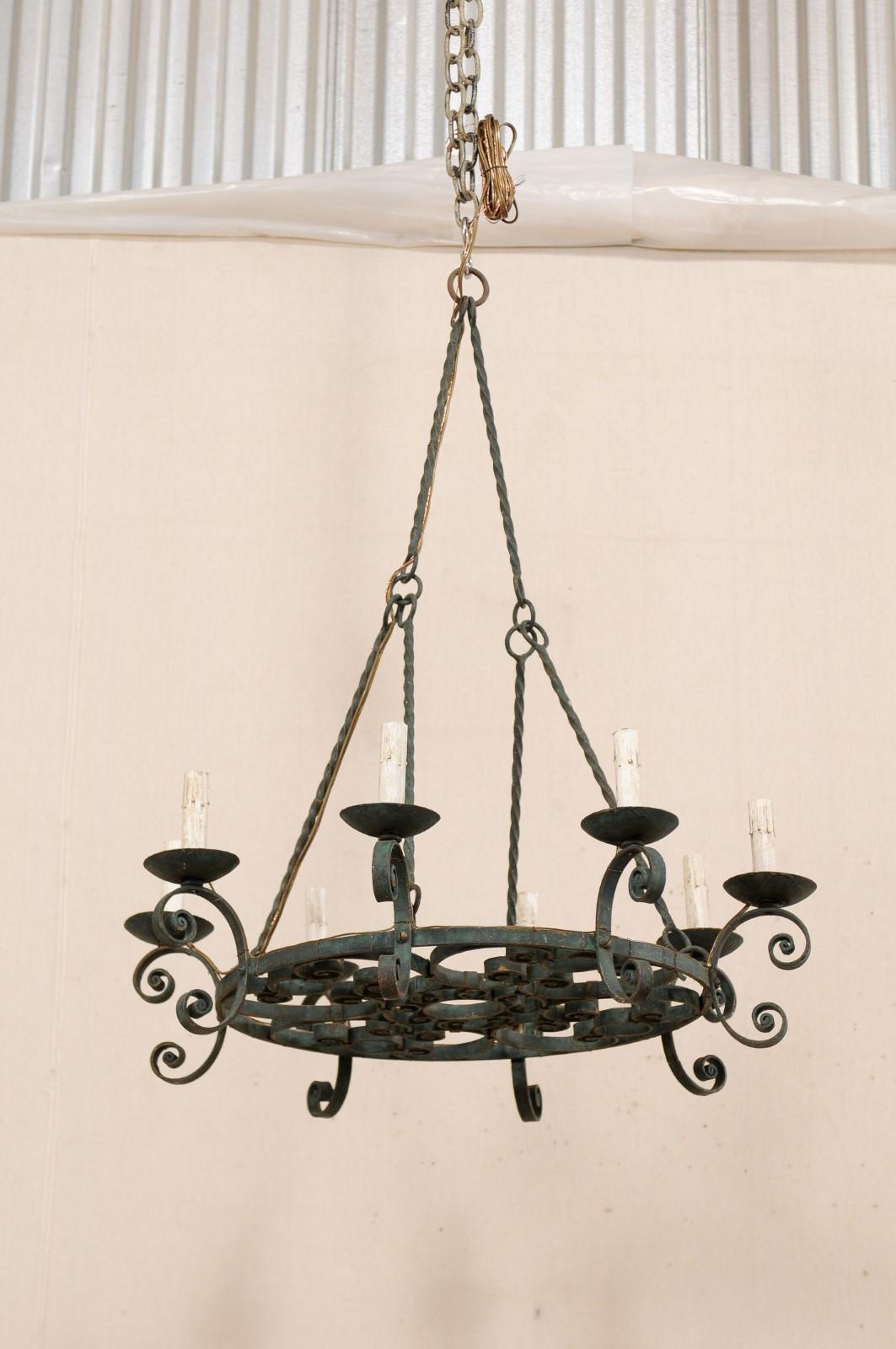 Mid-20th Century French Round Scrolled Iron Chandelier with Lovely Patina 1
