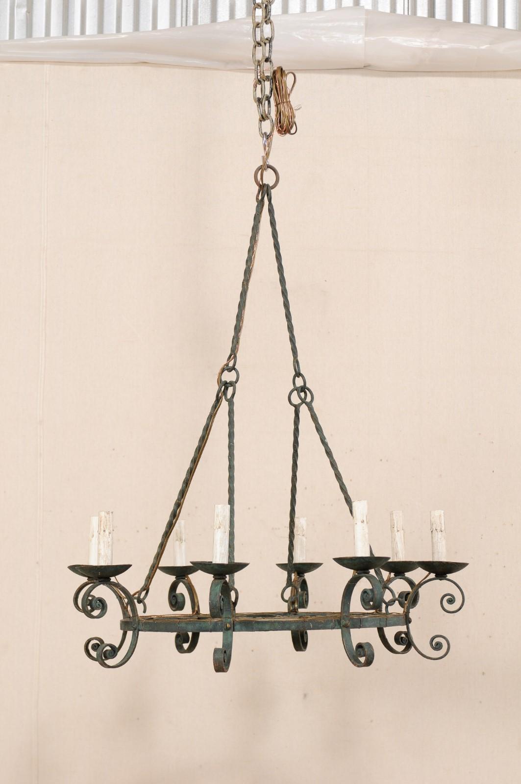 Mid-20th Century French Round Scrolled Iron Chandelier with Lovely Patina 2