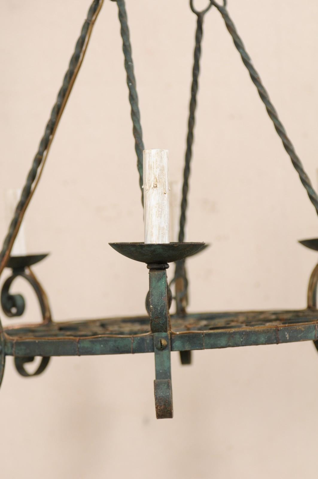 Mid-20th Century French Round Scrolled Iron Chandelier with Lovely Patina 3