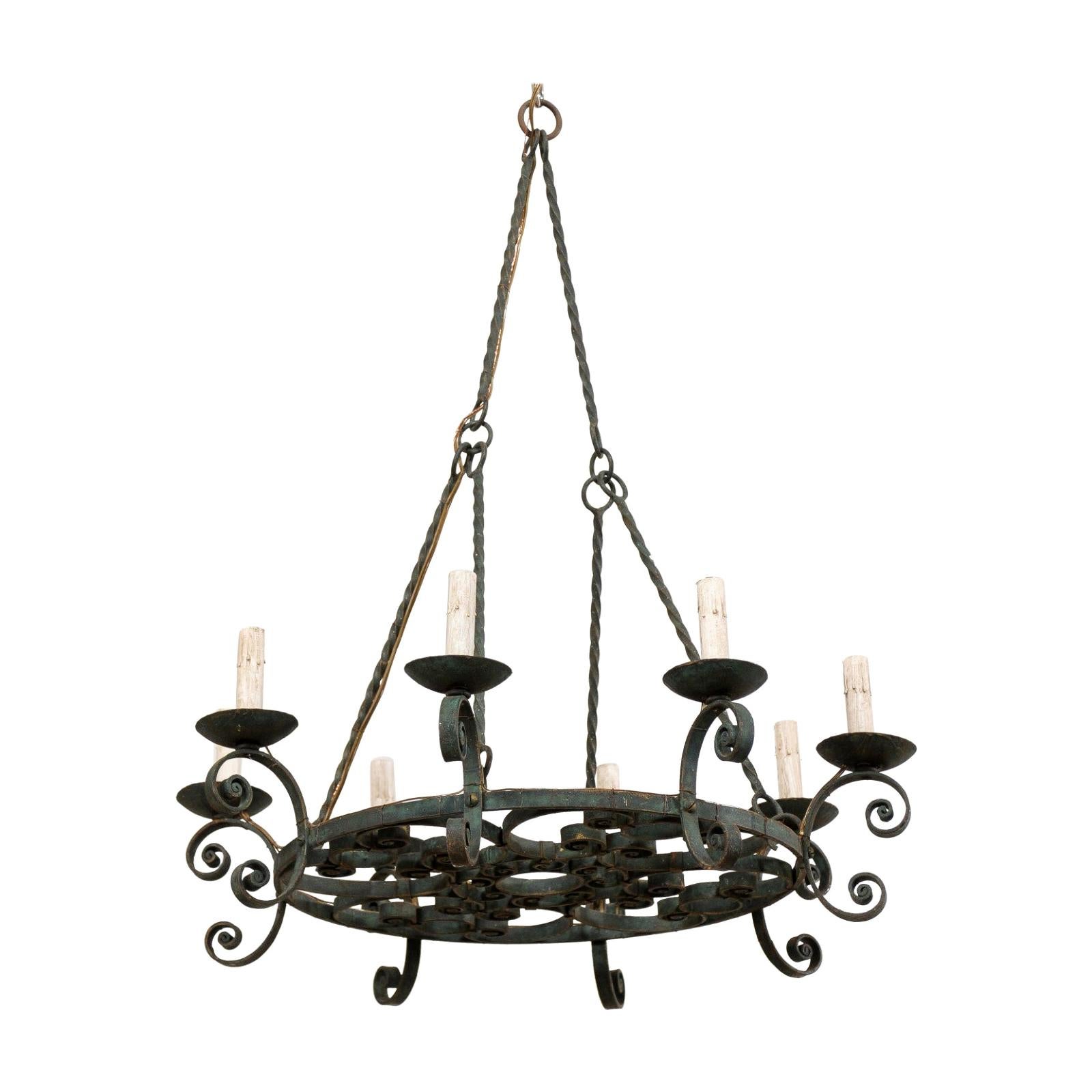 Mid-20th Century French Round Scrolled Iron Chandelier with Lovely Patina