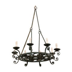 Mid-20th Century French Round Scrolled Iron Chandelier with Lovely Patina