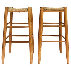 Mid 20th Century French Rush & Oak Bar Stools in the Style of Perriand