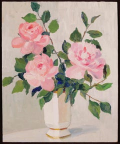 Pink Roses in a Vase - Mid 20th Century French Impressionist Oil Painting