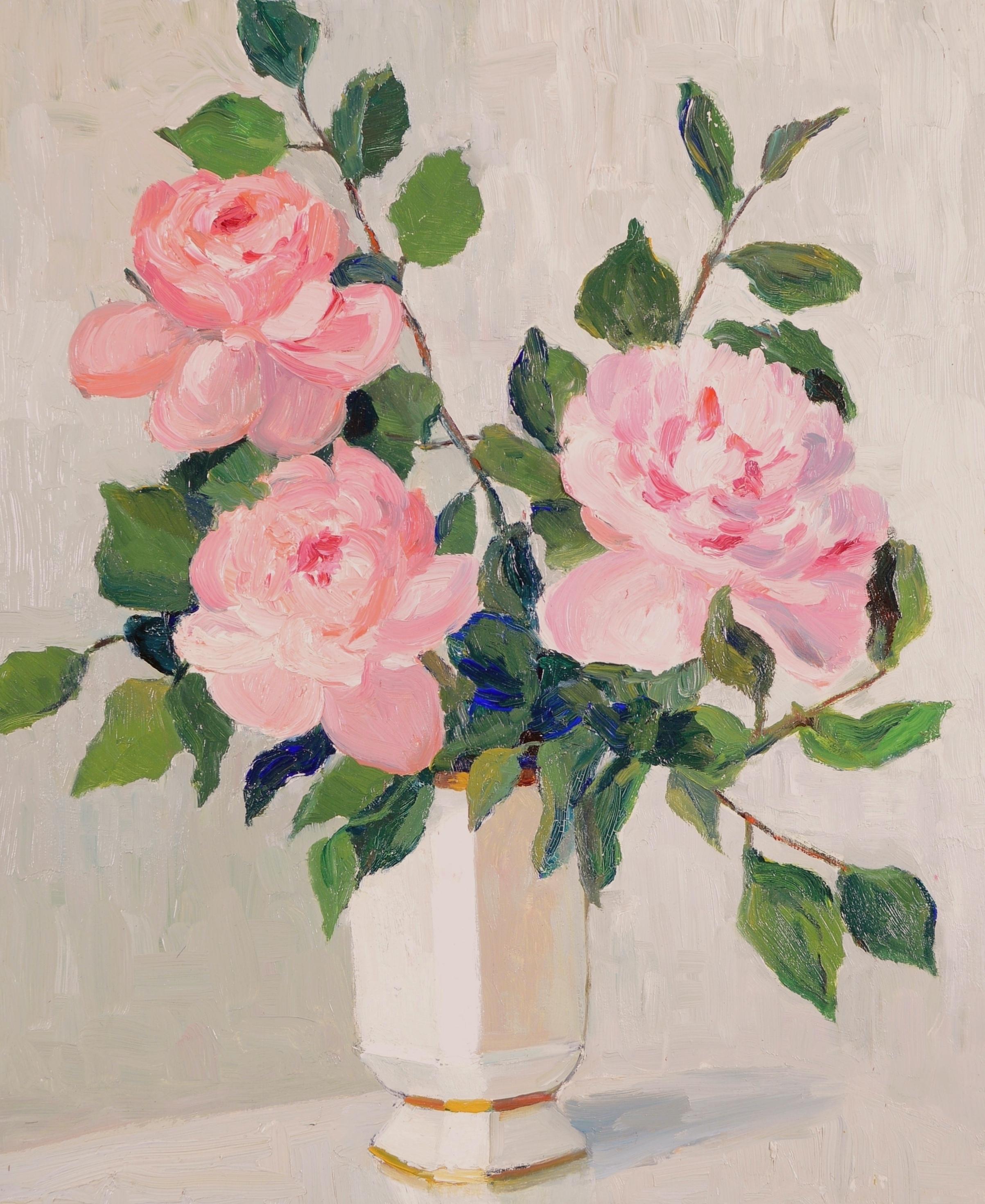 Pink Roses in a Vase - Mid 20th Century French Impressionist Oil Painting