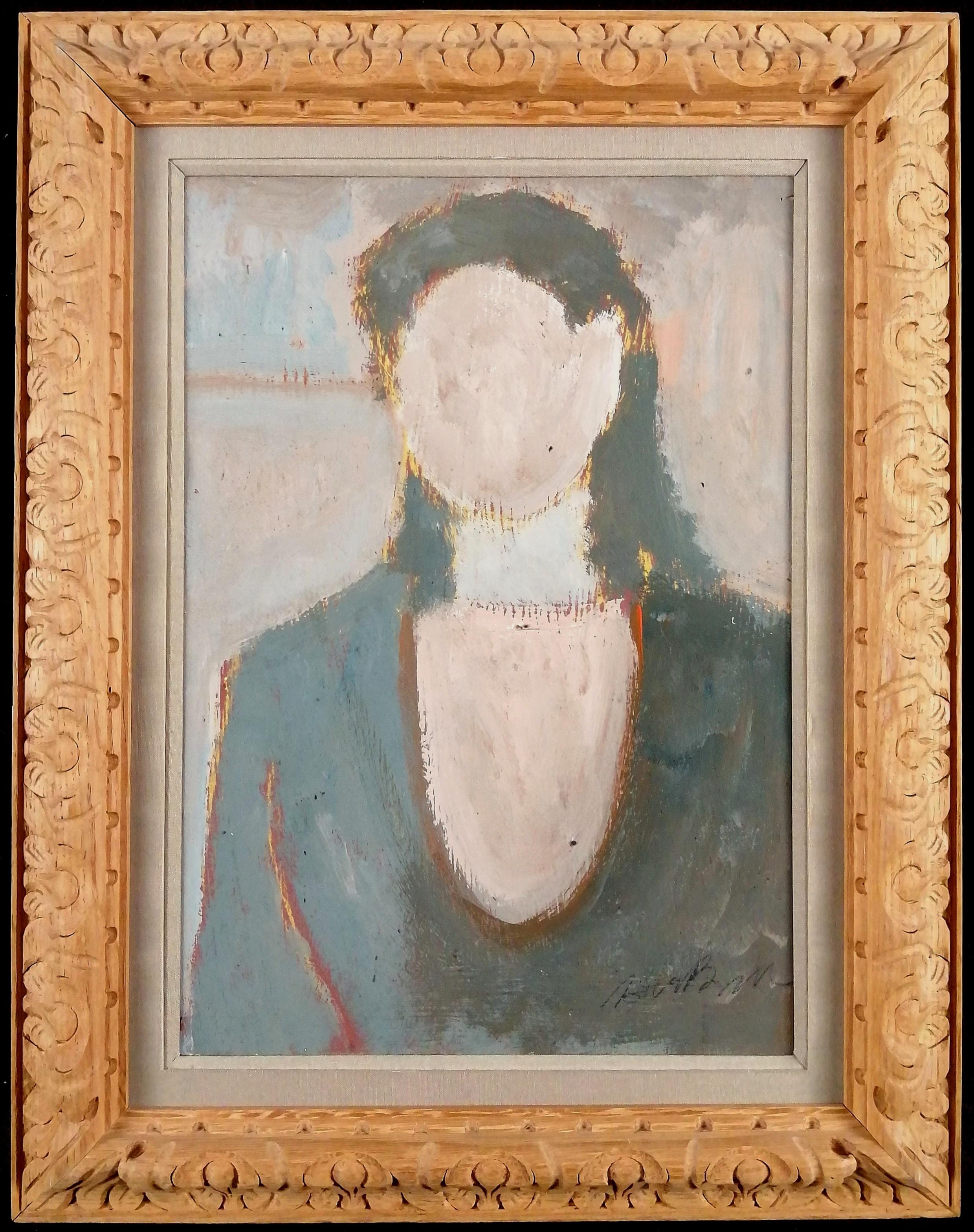 Portrait d'une dame - Peinture à l'huile moderniste figurative française du milieu du siècle