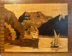 Escena de marquetería art déco francesa del siglo XX de un castillo suizo, paisaje lacustre