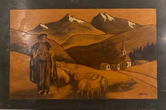 20th century French art Deco Marquetry scene of the Alps, church herdsman sheep