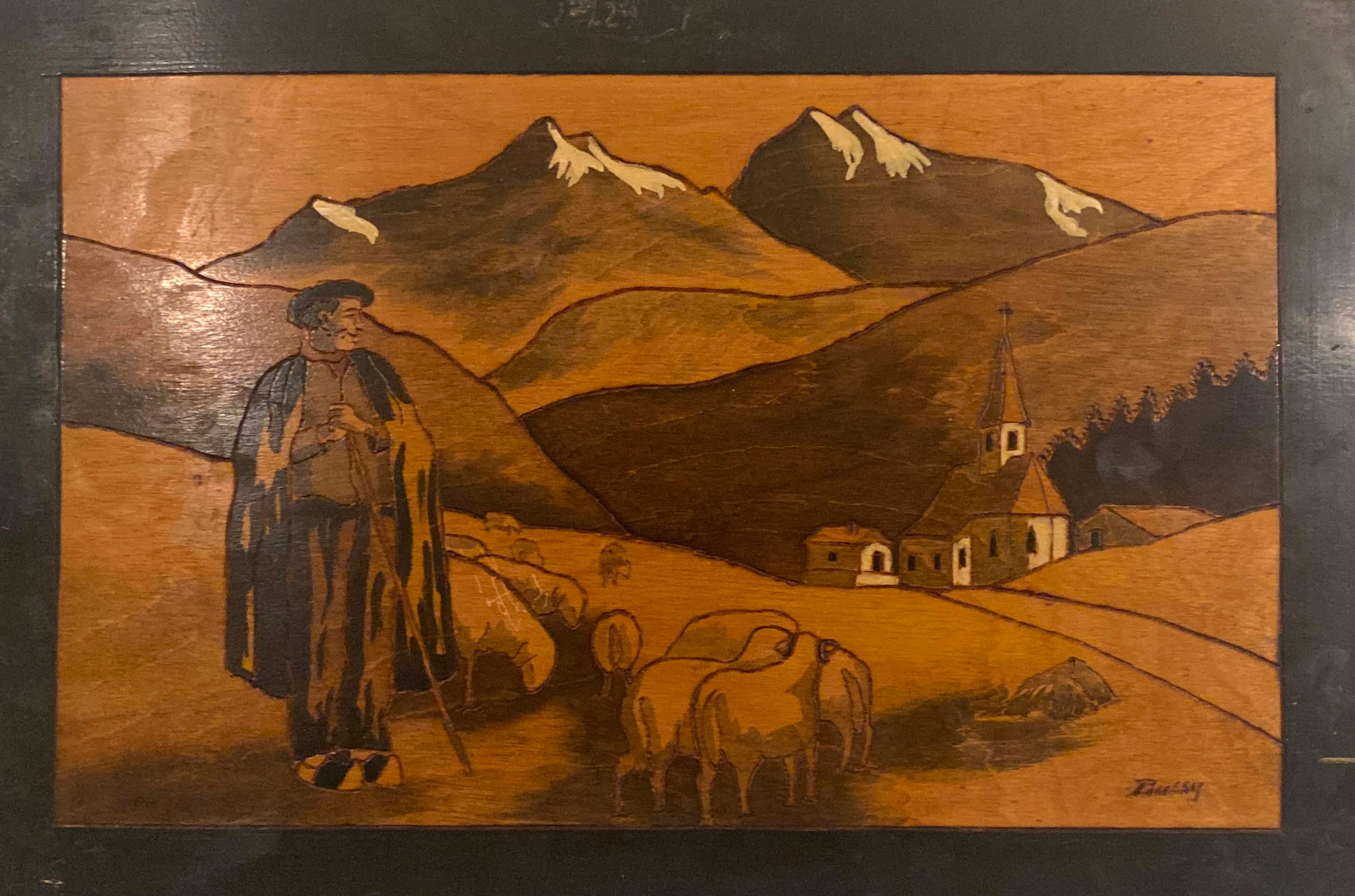 Französische Art-déco-Marketerie-Szene der Alpen des 20. Jahrhunderts, church herdsman sheep im Angebot 1