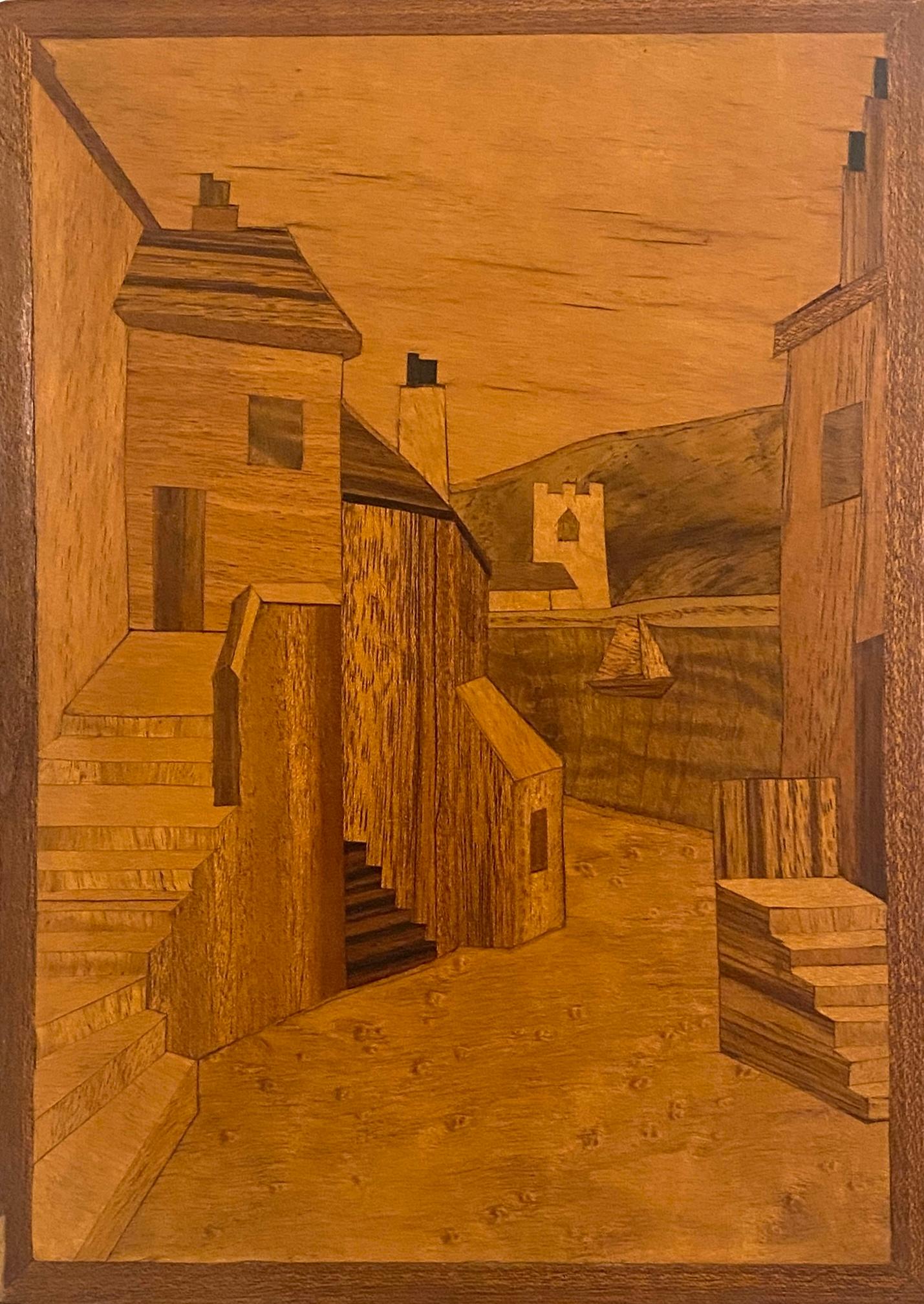 Este cuadro de marquetería francesa, de hacia 1930-40, ofrece una asombrosa mezcla de belleza arquitectónica y serena sencillez, mostrando la notable artesanía que define la época Art Déco. Con sus líneas limpias y su preciso trabajo de incrustación