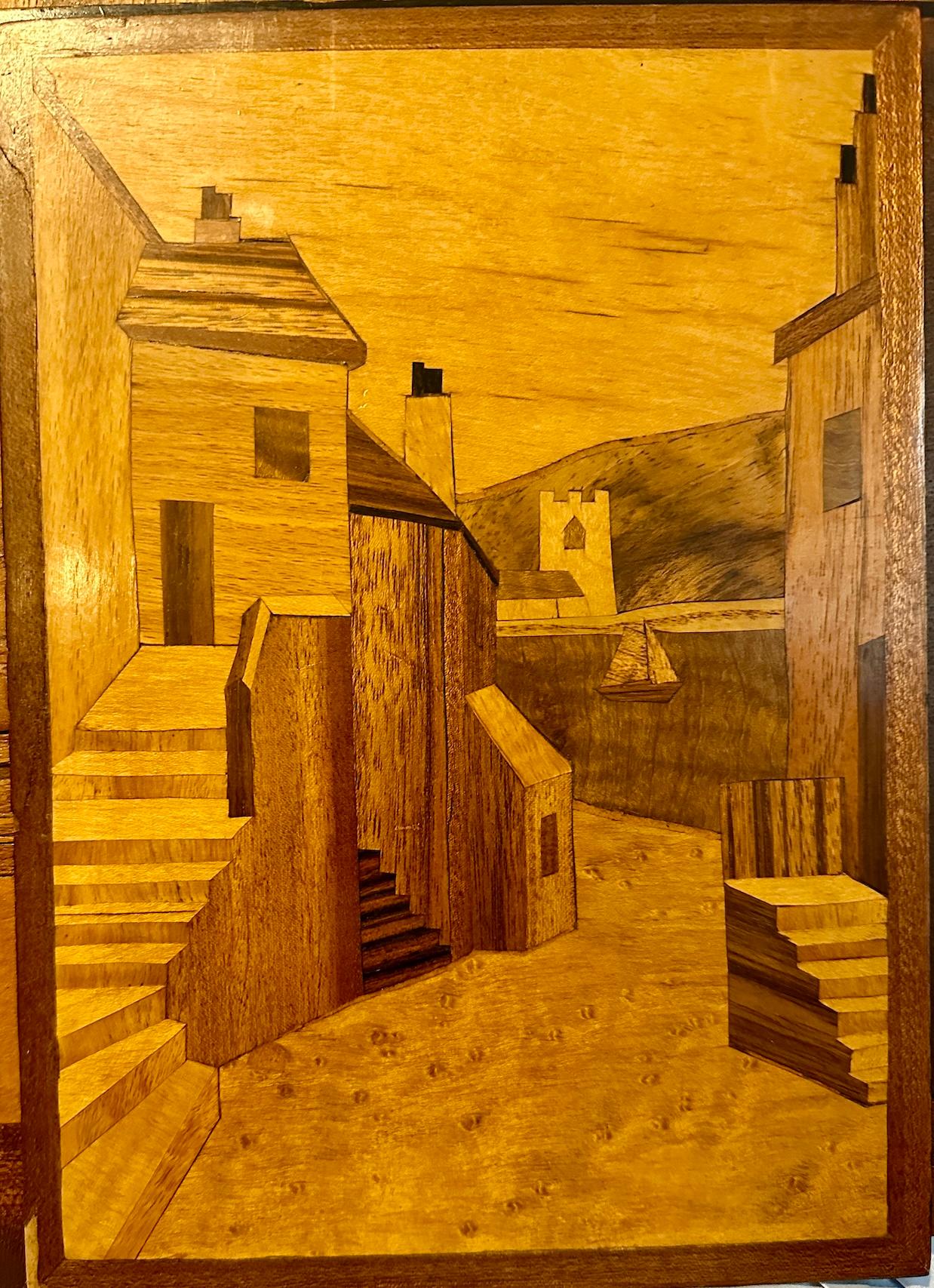 Scena di città di Riverside in intarsio francese Art Deco, con barca, case e colline