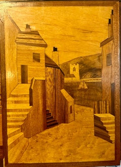 Marquetería francesa Art Decó Escena urbana en la orilla del río, con barco, casas y colinas