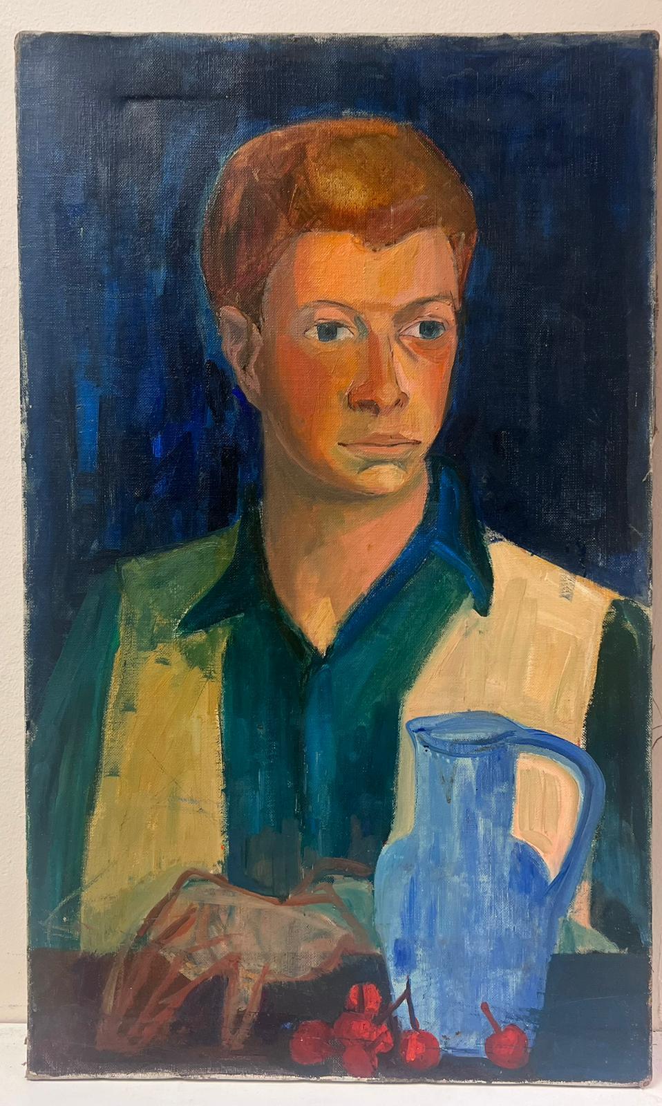 1950's French Oil Portrait of Man with Cherries & Blue Jug Mid Century original - Painting by Mid 20th Century French School