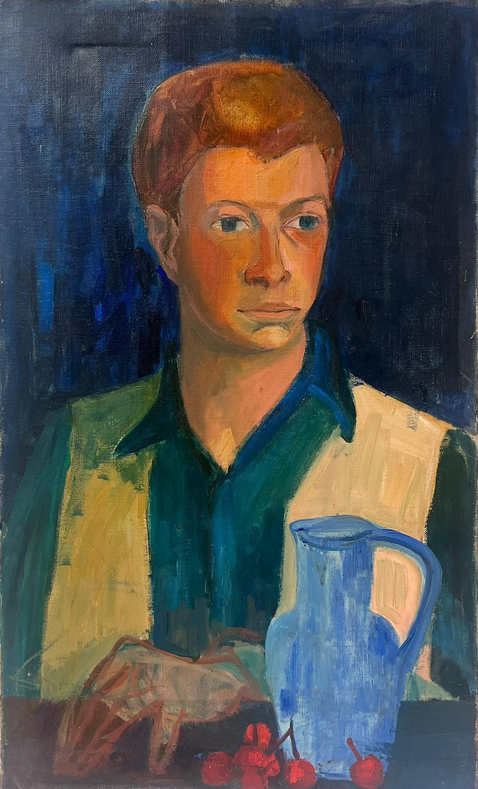 Mid 20th Century French School Figurative Painting - 1950's French Oil Portrait of Man with Cherries & Blue Jug Mid Century original