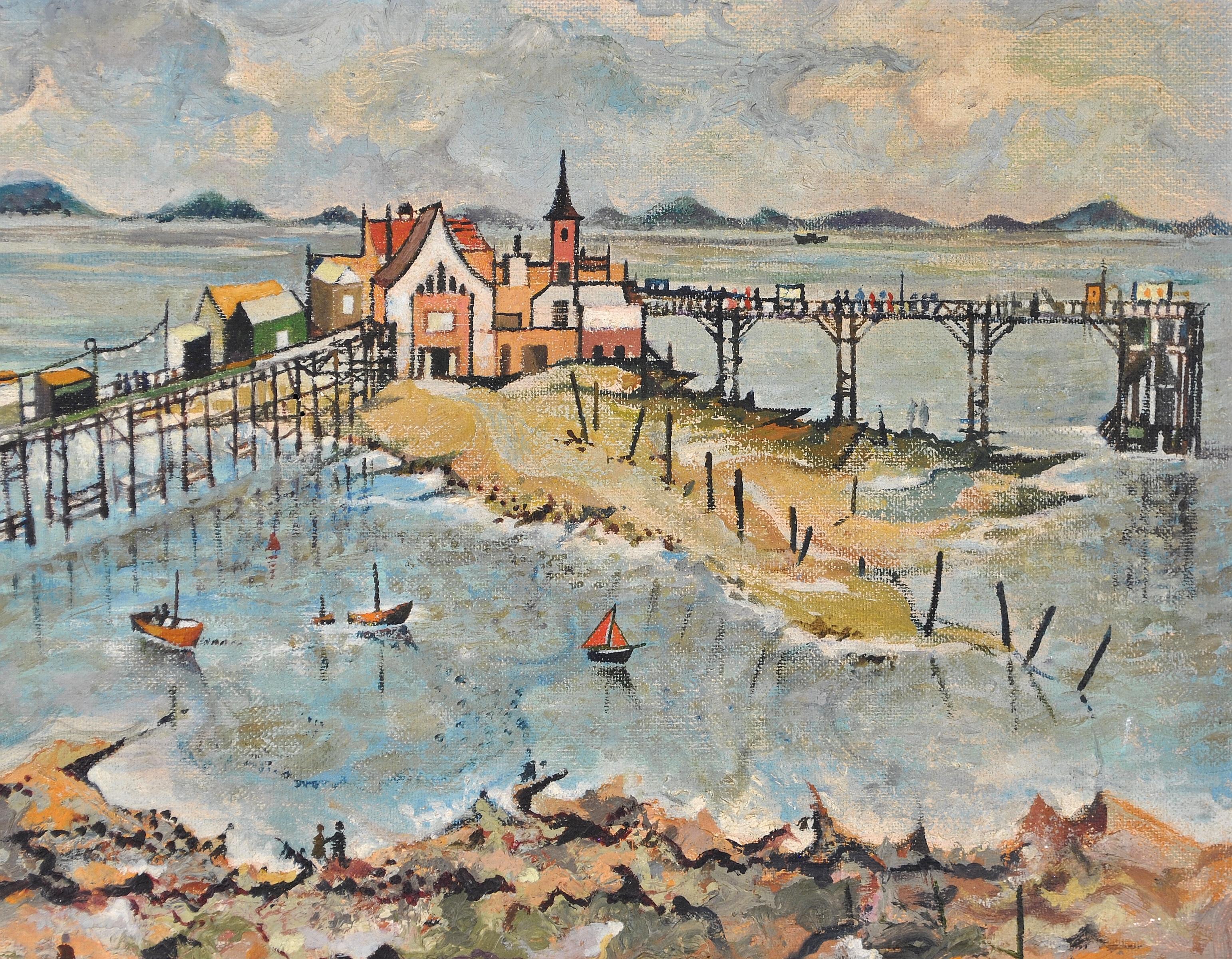 Birnbeck Pier - Mid 20th Century English Naive Bristol Oil on Board Painting For Sale 2