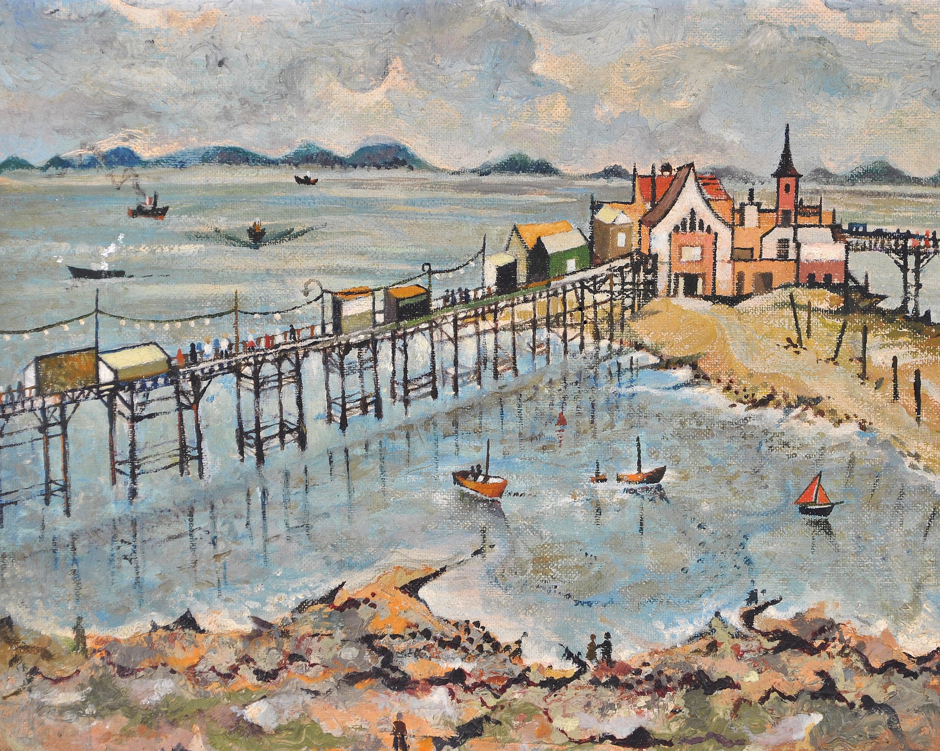Birnbeck Pier - Mid 20th Century English Naive Bristol Oil on Board Painting For Sale 3