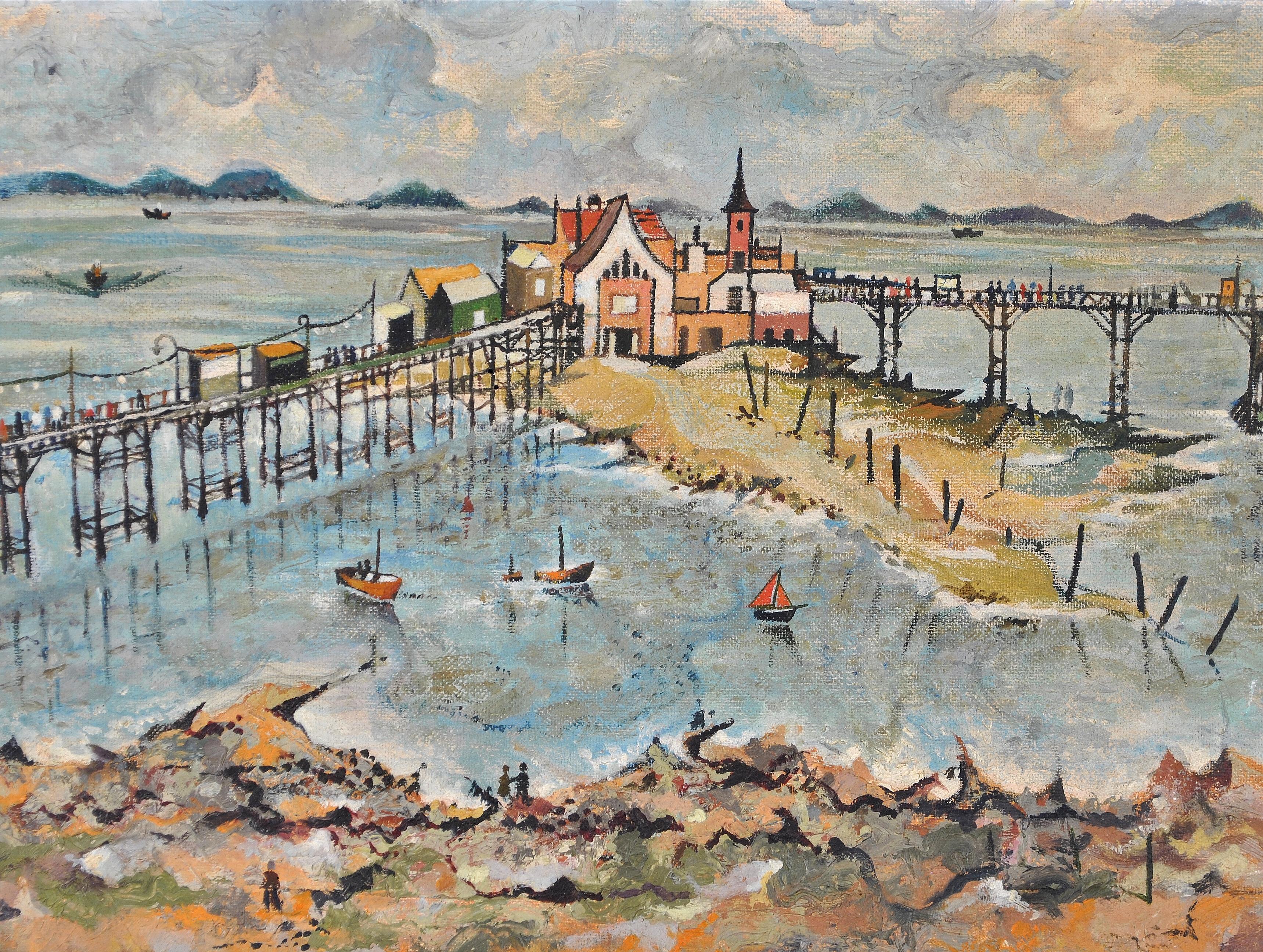 Birnbeck Pier - Mid 20th Century English Naive Bristol Oil on Board Painting For Sale 4