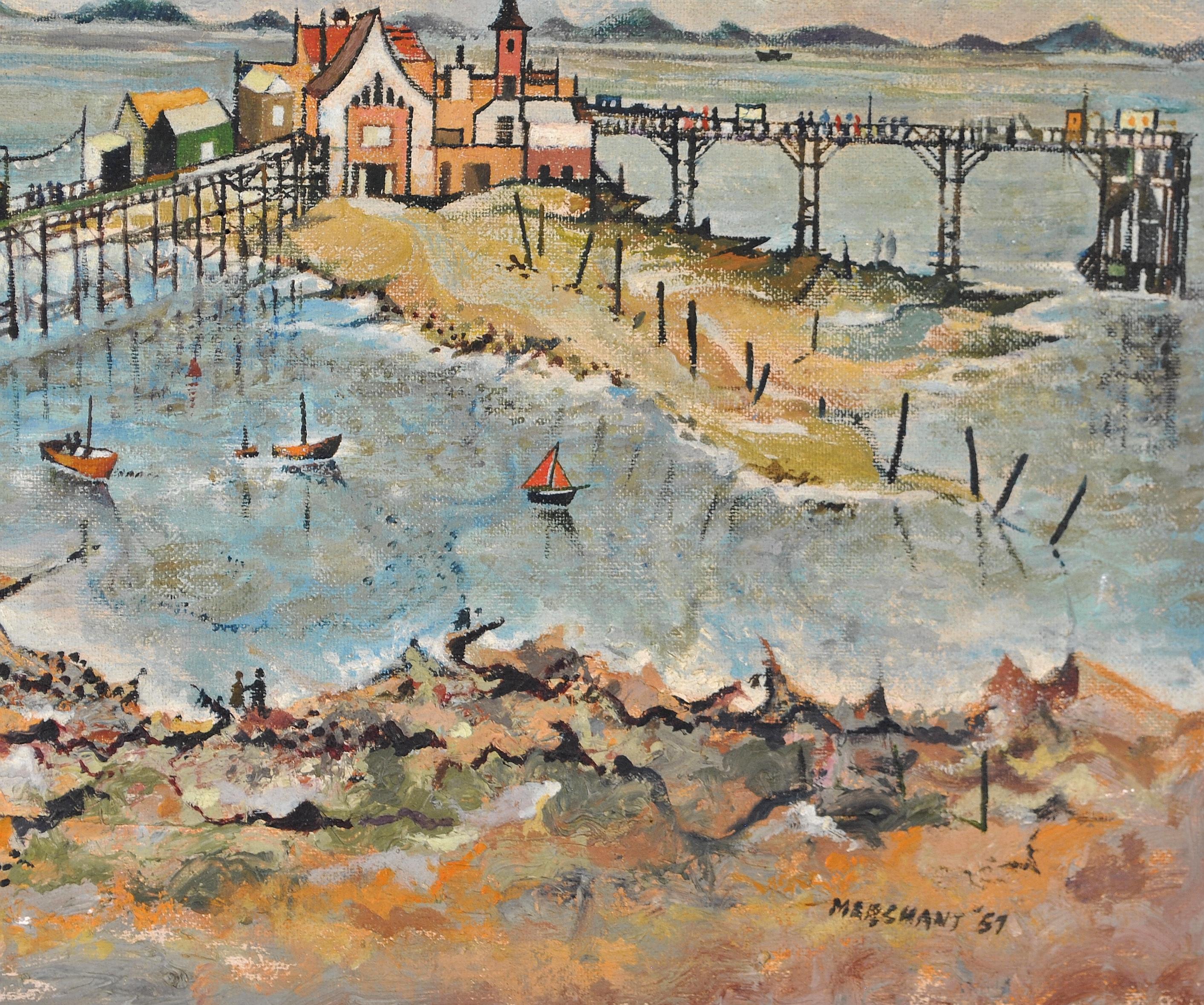 Birnbeck Pier - Mid 20th Century English Naive Bristol Oil on Board Painting For Sale 5