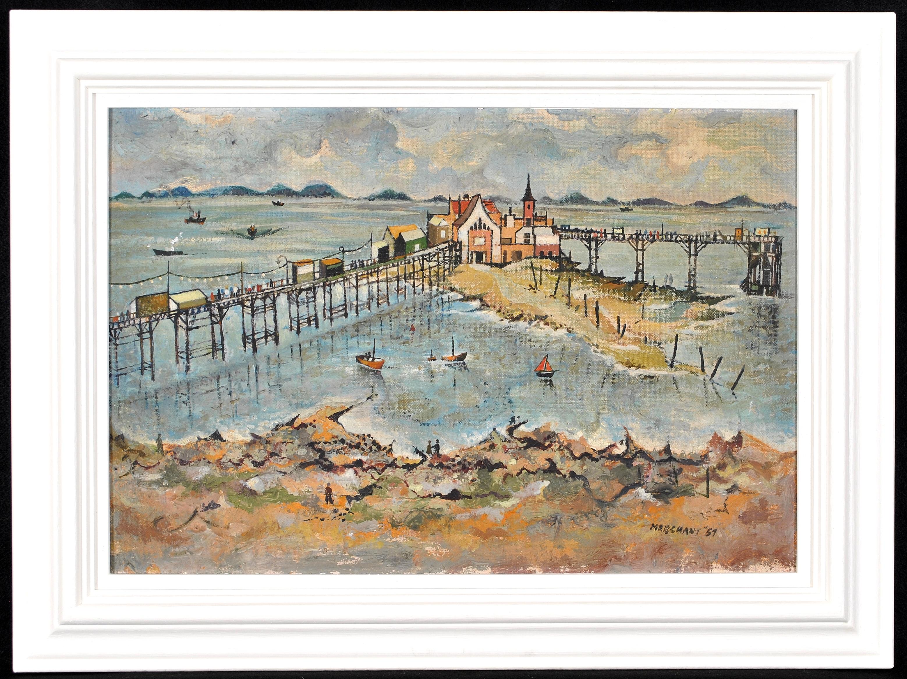 This charming mid 20th century English naive oil on board depicts Birnbeck Pier on the Bristol Channel in Weston-super-Mare.

The grade II listed Victorian pier was designed by Eugenius Birch and opened in 1867. Birnbeck Pier is one of only six