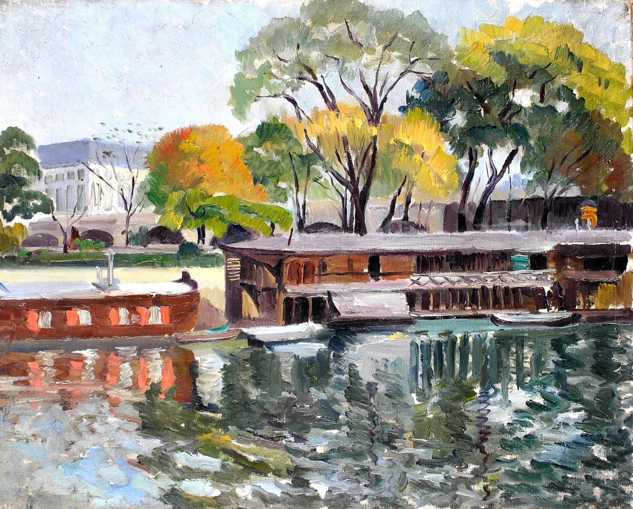 A beautiful mid 20th century French impressionist oil on canvas depicting moored boats on a river. Highly atmospheric original French oil on canvas, which has been very well painted with fast, colourful brushstrokes. Finished in the original simple