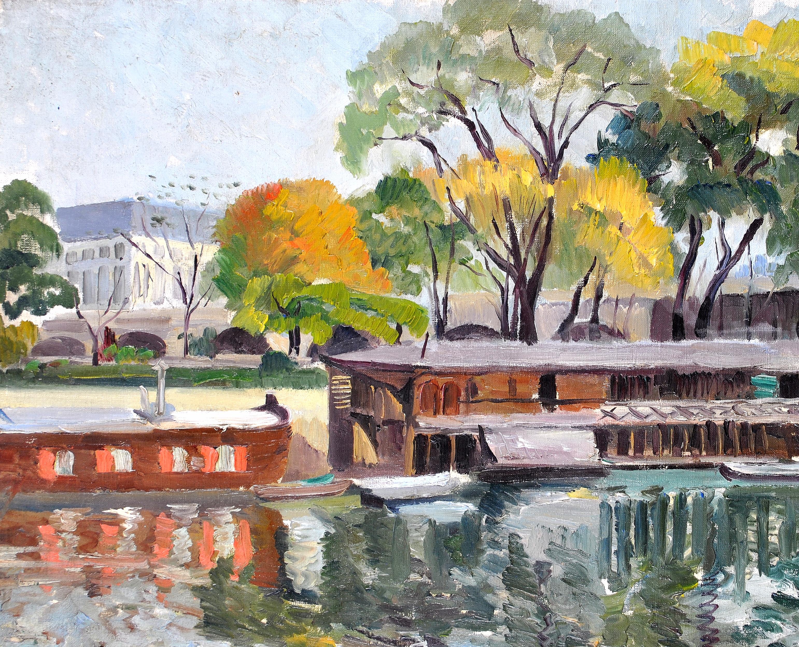 Boats on a River - Mid 20th Century French Impressionist Landscape Oil Painting For Sale 1