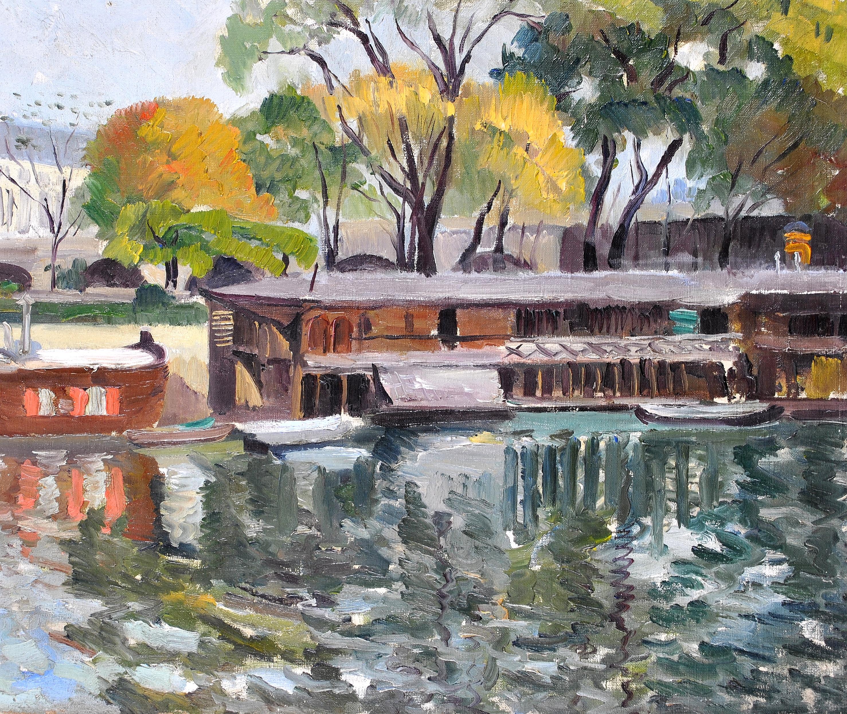Boats on a River - Mid 20th Century French Impressionist Landscape Oil Painting For Sale 3