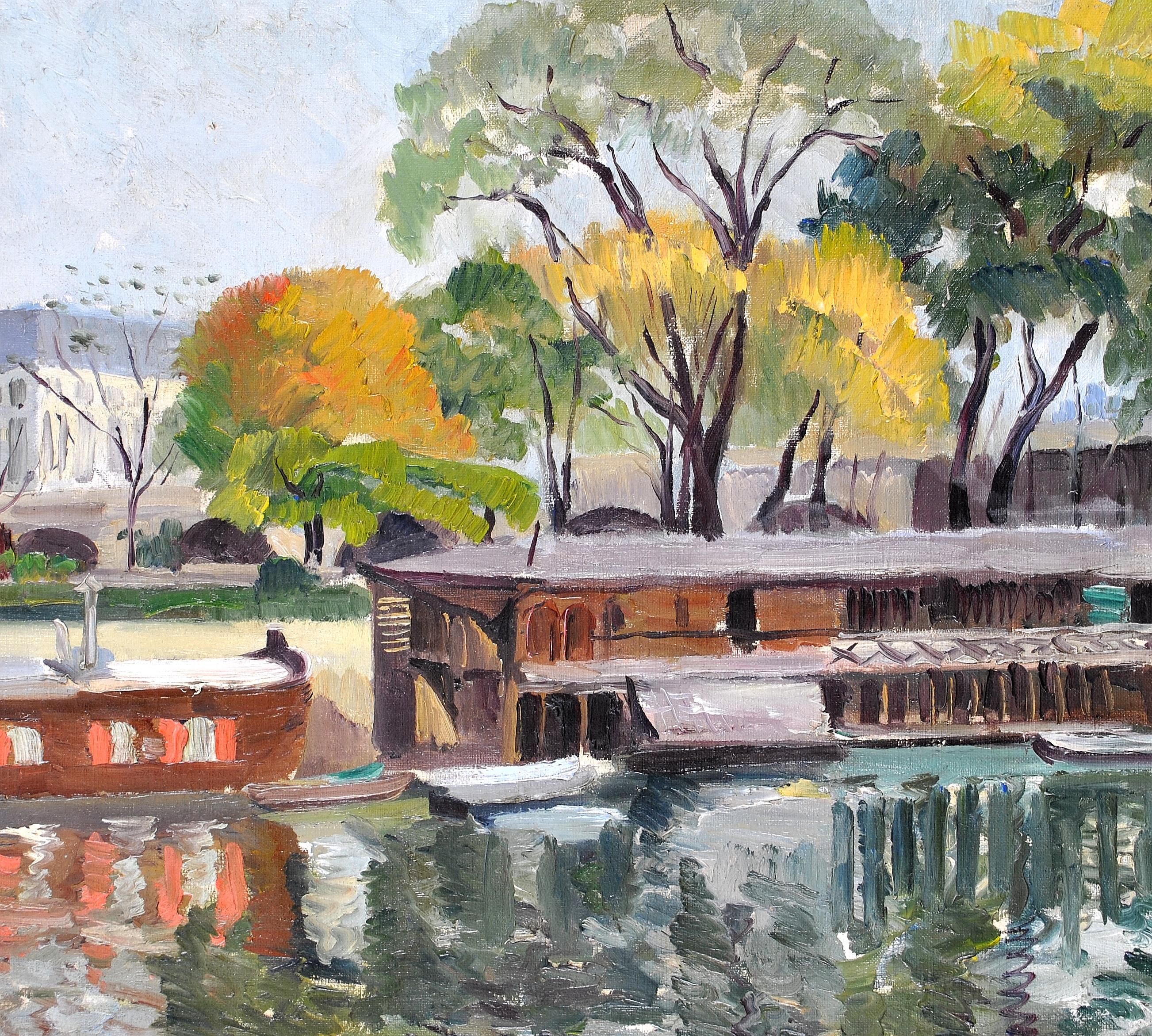 Boats on a River - Mid 20th Century French Impressionist Landscape Oil Painting For Sale 4