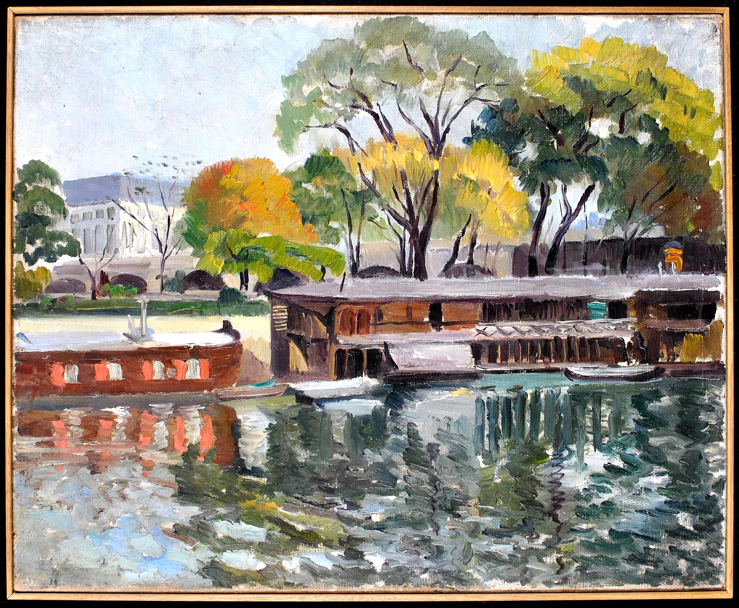Boats on a River - Peinture à l'huile impressionniste française du milieu du 20e siècle