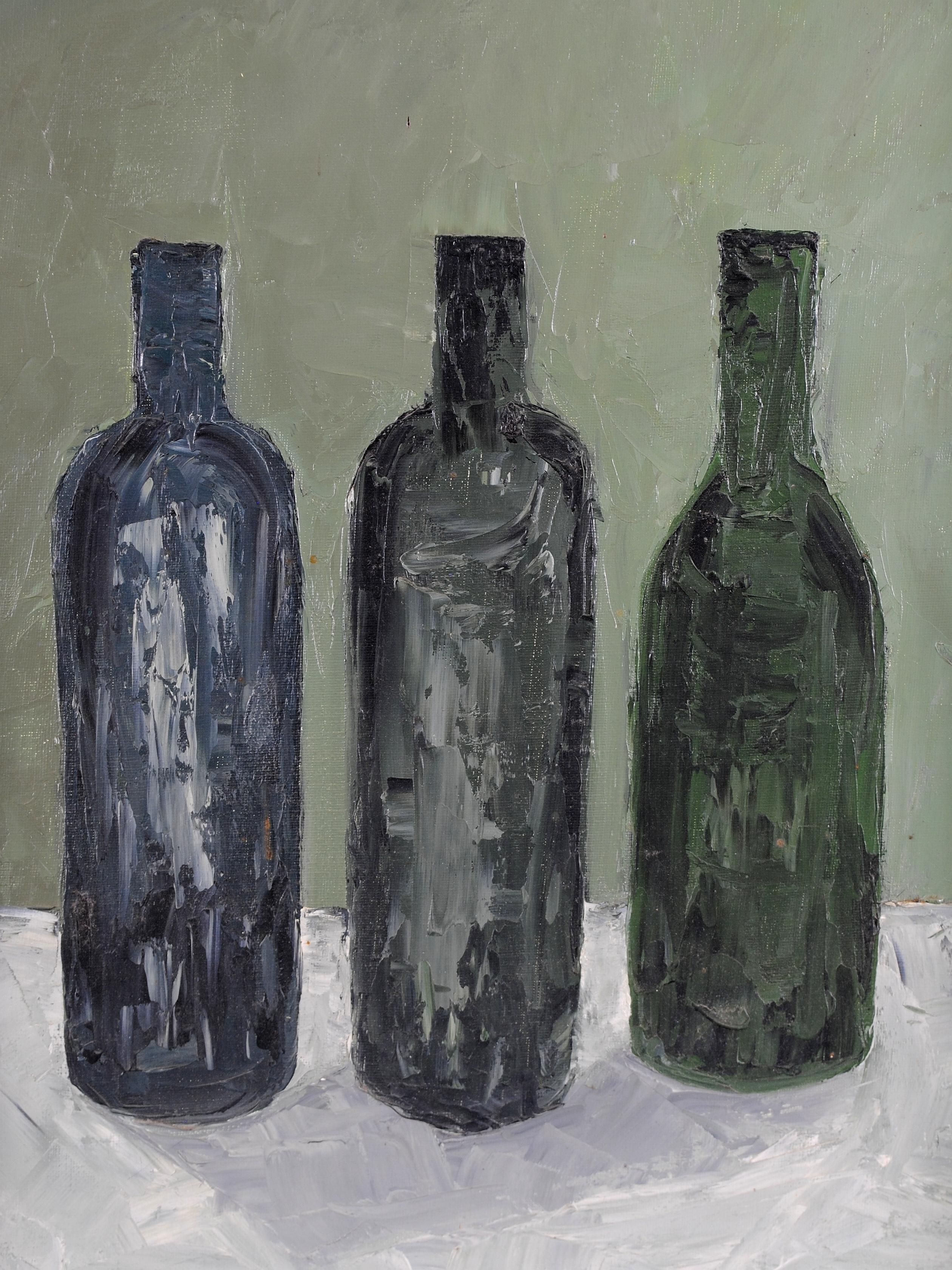 Bottles on a Ledge - Mid 20th Century French Still Life Oil on Canvas Painting - Black Still-Life Painting by Mid 20th Century French School