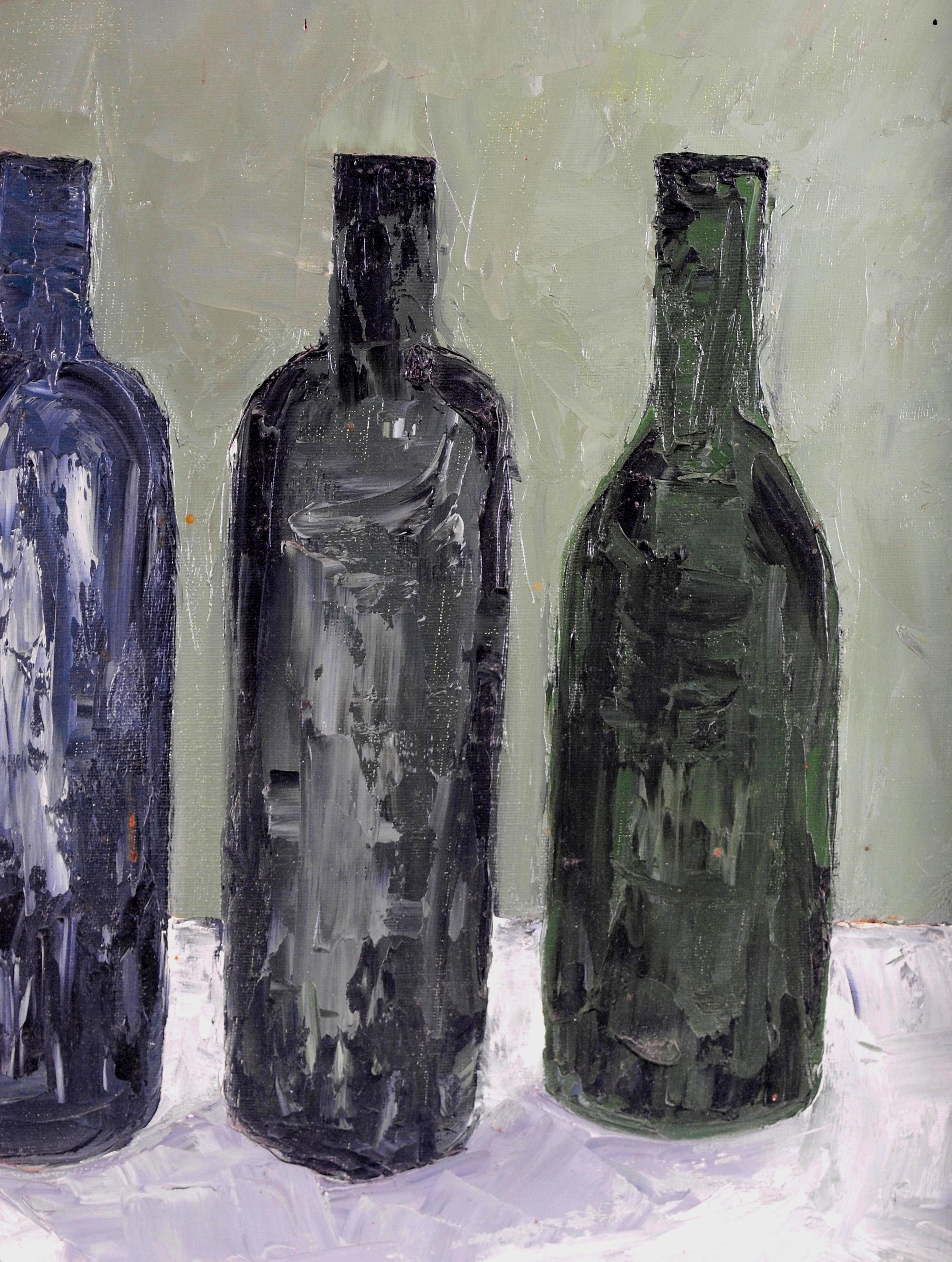 A beautiful mid 20th century French oil on canvas depicting glass bottles on a white shelf or ledge. Lovely quality and condition work. Presented in a painted frame with white slip.

Artist: French School, mid 20th century
Title: Bottles on a