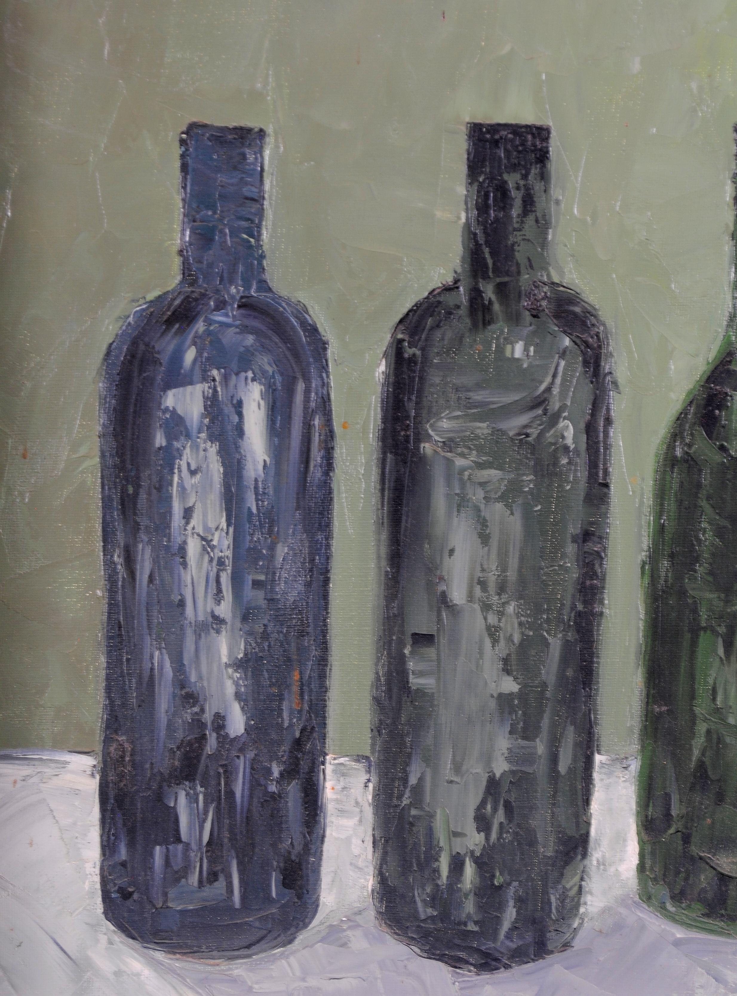 Bottles on a Ledge - Mid 20th Century French Still Life Oil on Canvas Painting For Sale 1