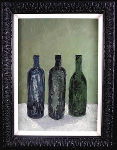 Vintage Bottles on a Ledge - Mid 20th Century French Still Life Oil on Canvas Painting