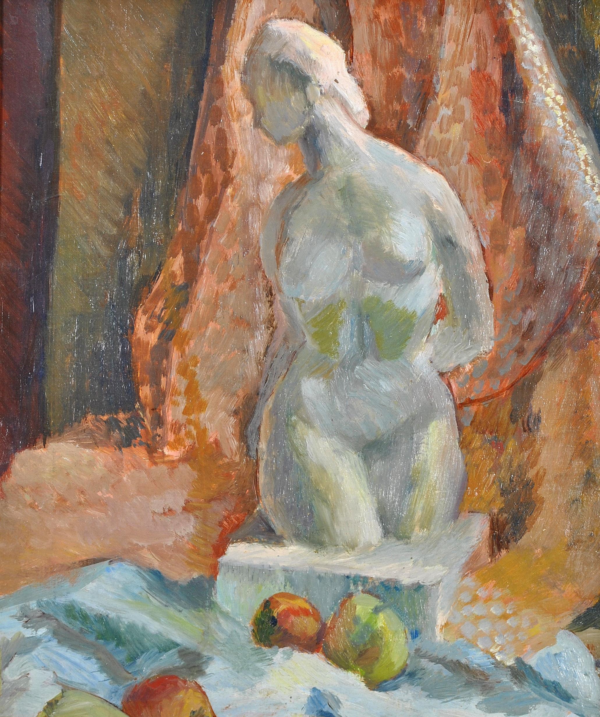 A beautiful 1950's French impressionist oil on board still life depicting a bust length sculpture of a lady and fruits. Excellent quality atmospheric work, with a street scene painted on the reverse. Presented in a painted and gilded frame.

Artist: