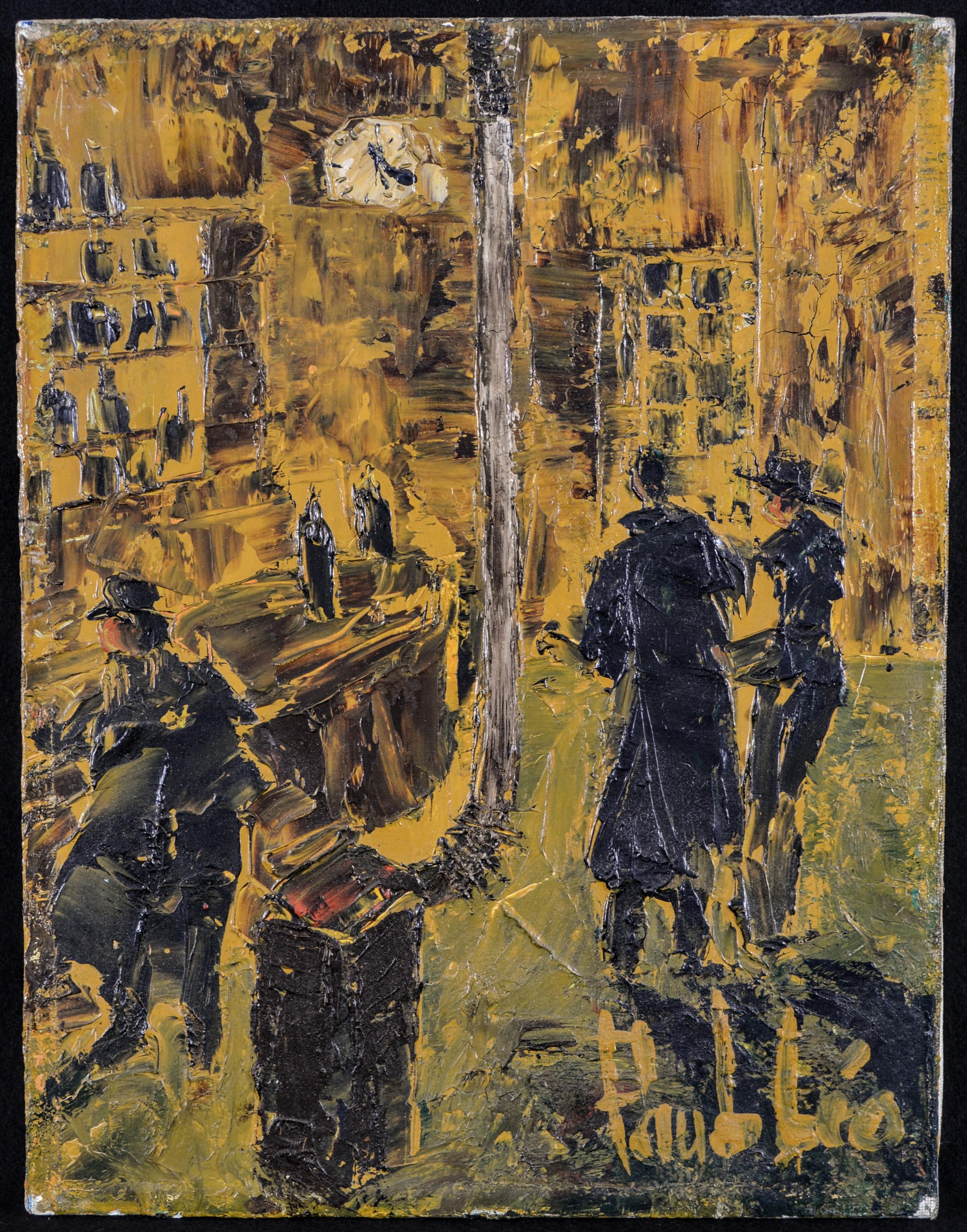 Café de la Gare - Pintura al óleo figurativa expresionista francesa de mediados del siglo XX - Painting de Mid 20th Century French School