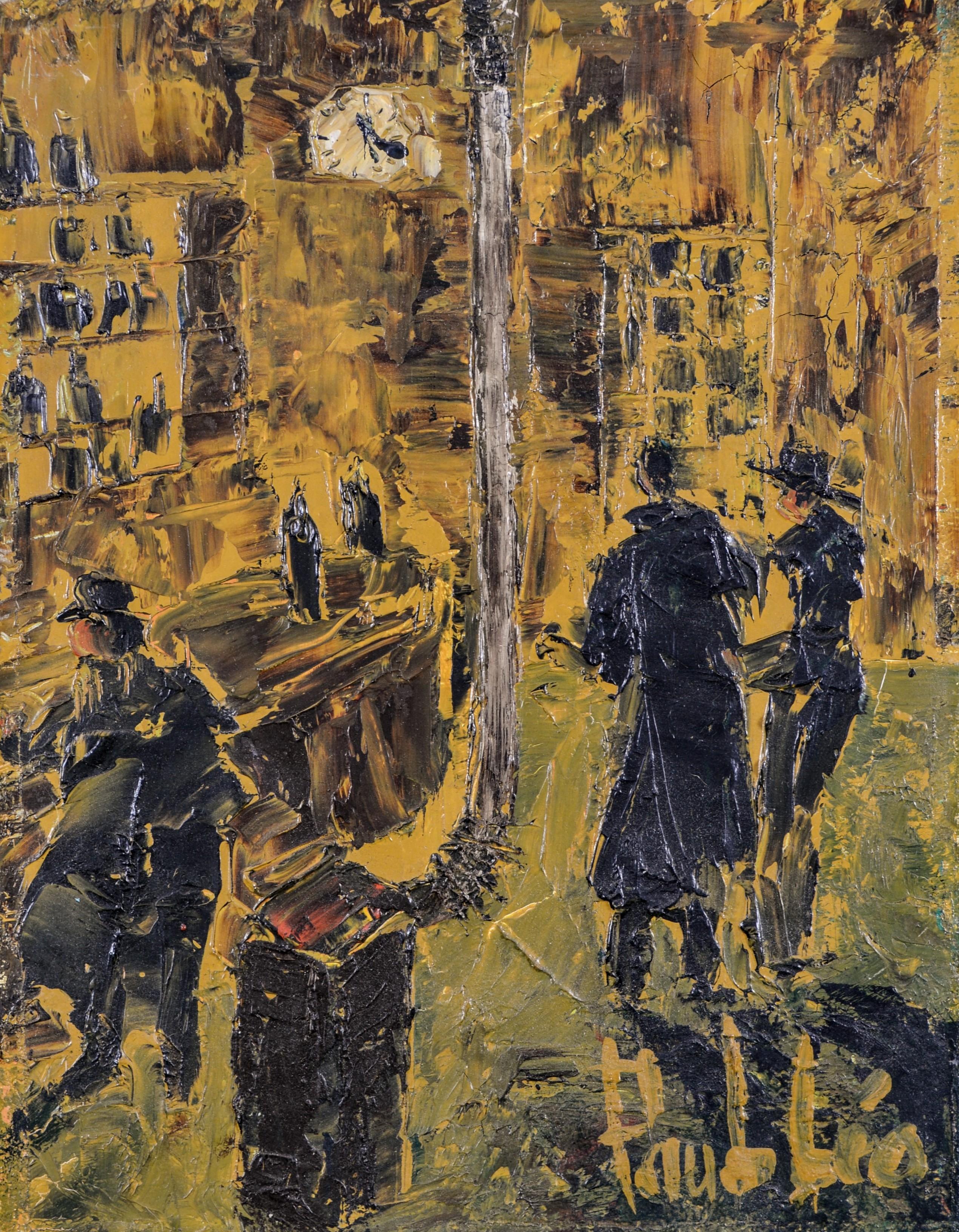 Café de la Gare - Pintura al óleo figurativa expresionista francesa de mediados del siglo XX - Painting Expresionista de Mid 20th Century French School