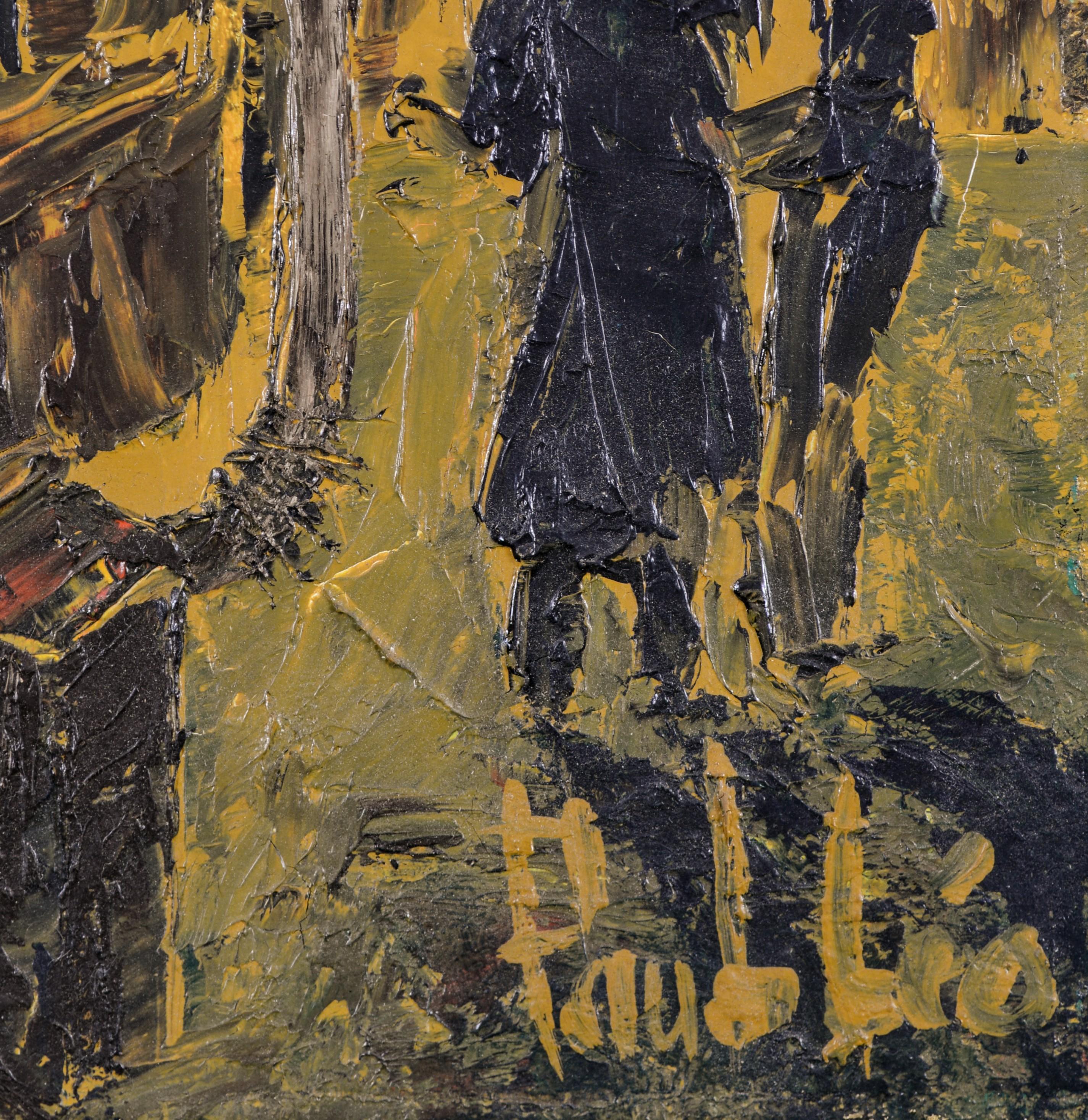 Café de la Gare - Pintura al óleo figurativa expresionista francesa de mediados del siglo XX en venta 2