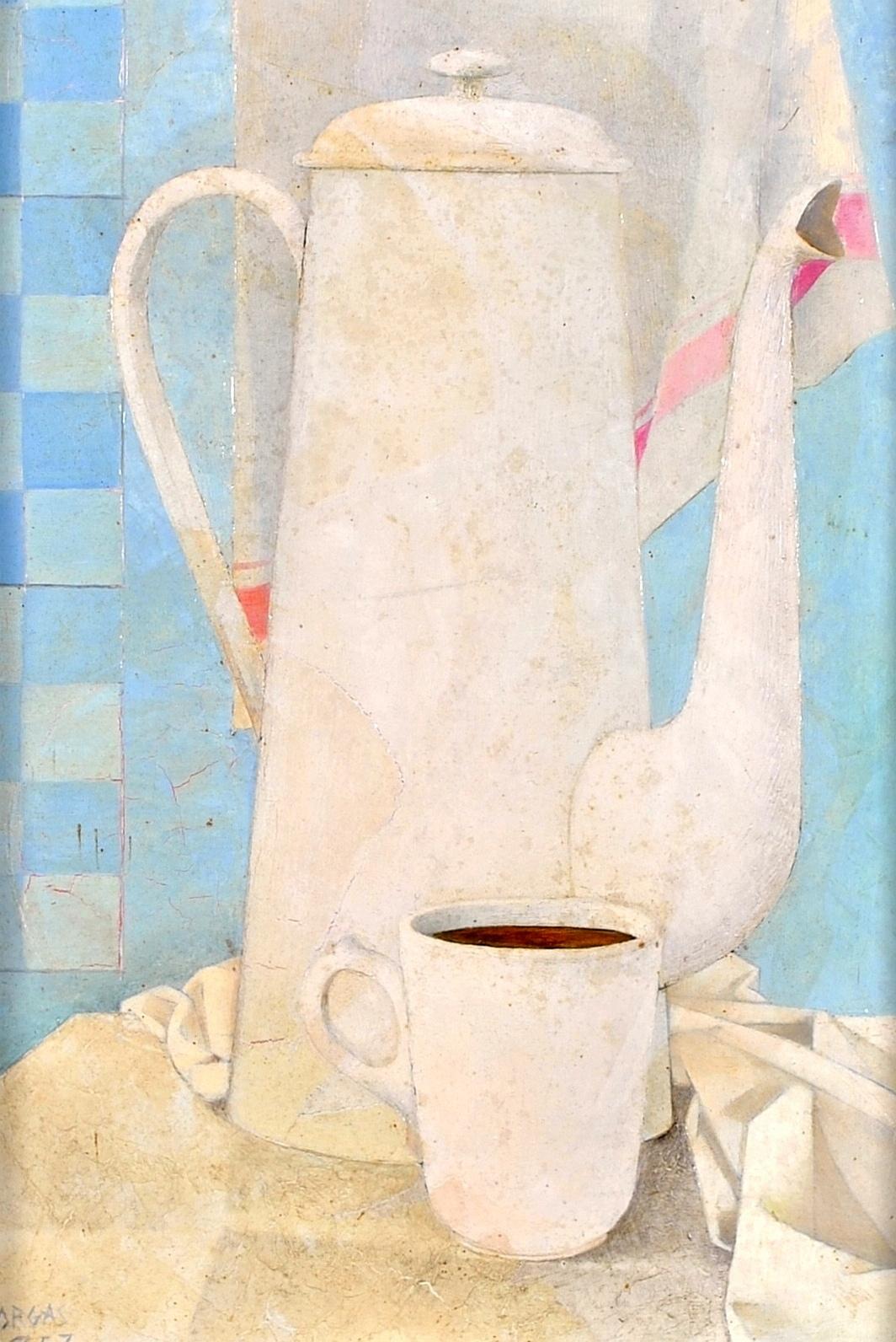 A beautiful signed and dated 1957 French cubist oil on board depicting a white coffee pot and cup of coffee. Presented in its original fabric and gilt wood frame.

A lovely original French oil painting which would look fantastic in a kitchen or