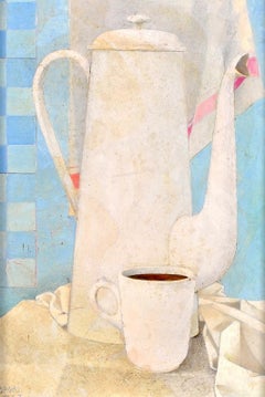 Cafetiere Blanche - Mid 20th Century Cubist Modernist Oil on Board Painting
