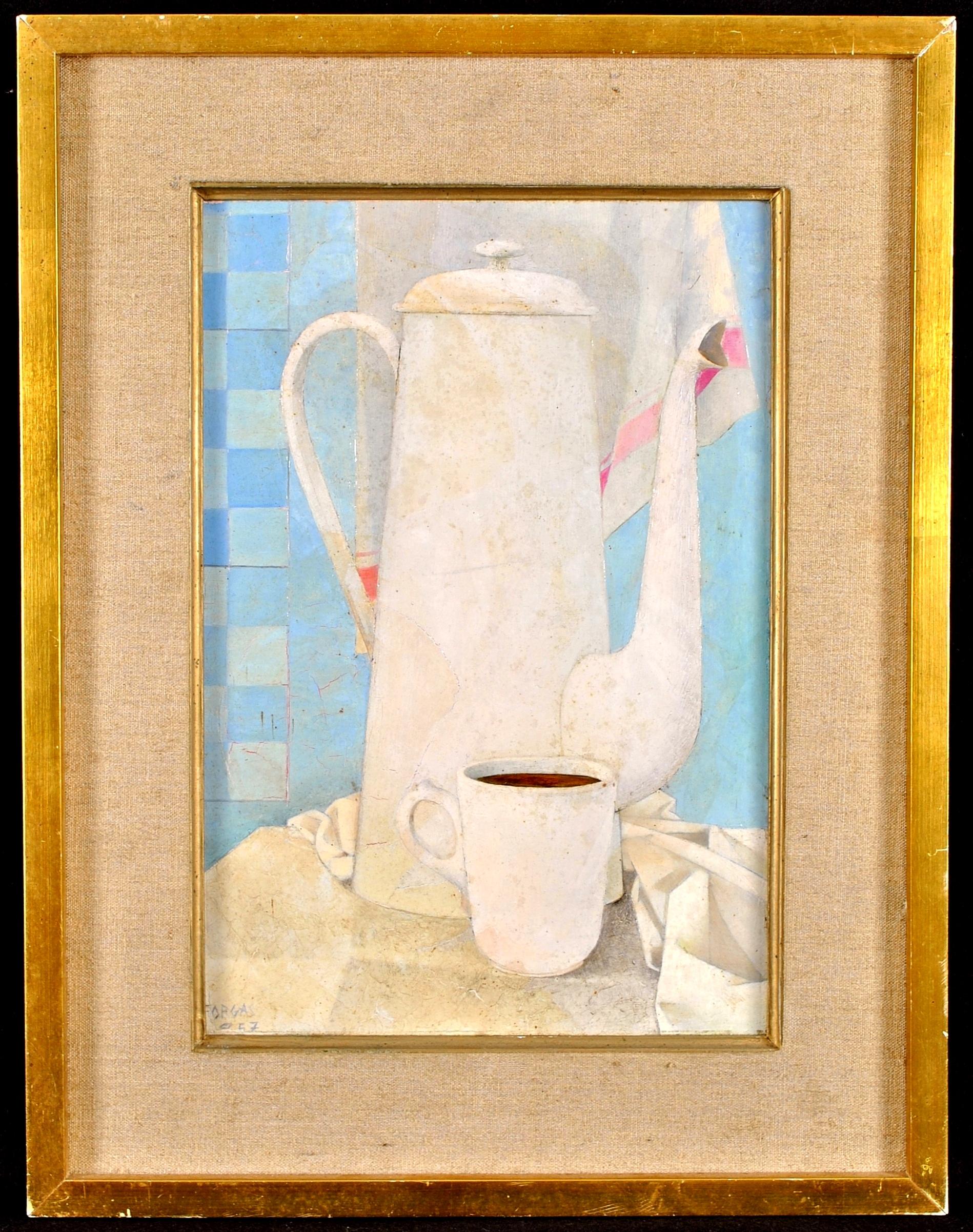 Still-Life Painting Mid 20th Century French School - Cafetiere Blanche - Peinture à l'huile sur panneau moderniste cubiste du milieu du 20e siècle
