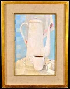 Cafetiere Blanche - Peinture à l'huile sur panneau moderniste cubiste du milieu du 20e siècle